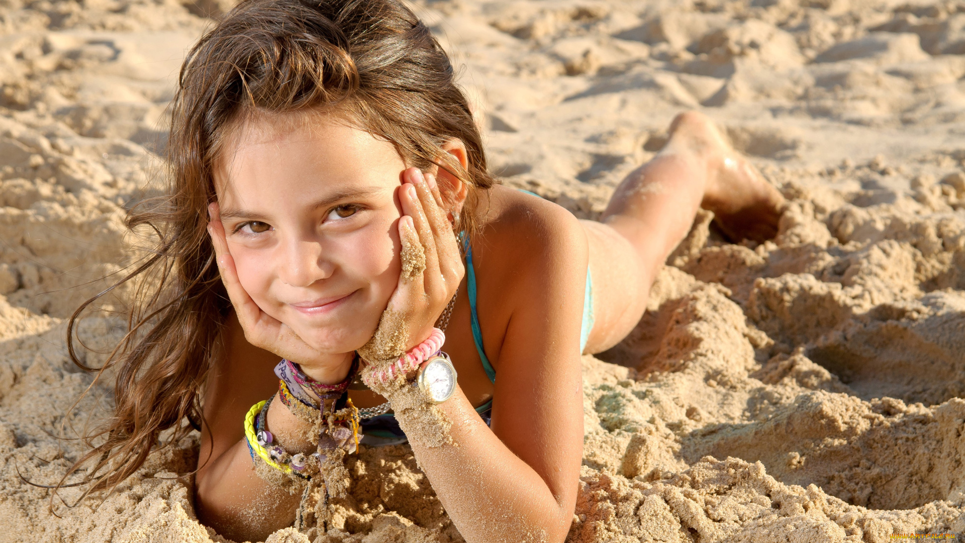 разное, дети, девочка, браслеты, часы, песок