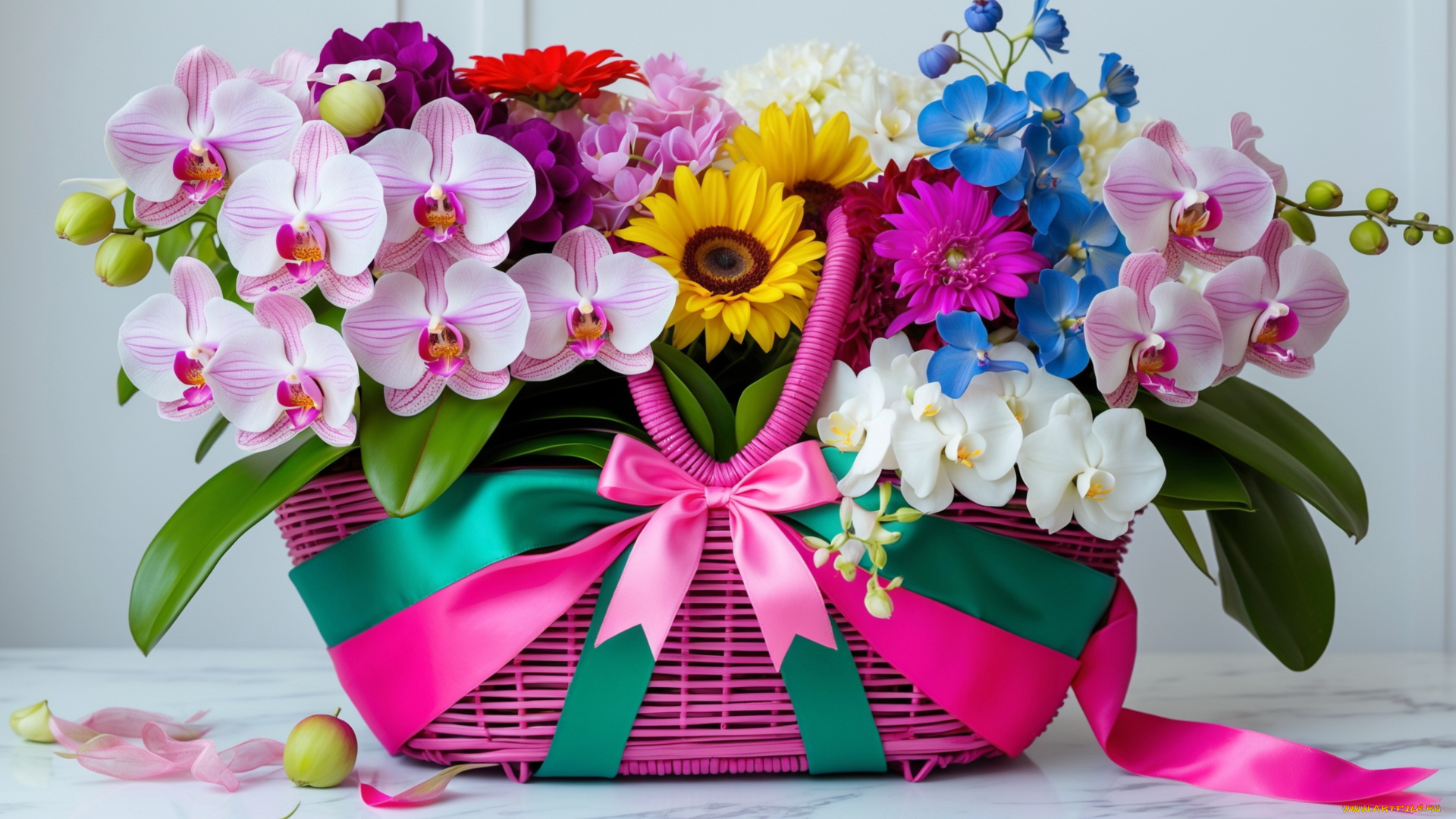 3д, графика, цветы, , flowers, корзинка, букет, орхидеи, подсолнухи, ленты
