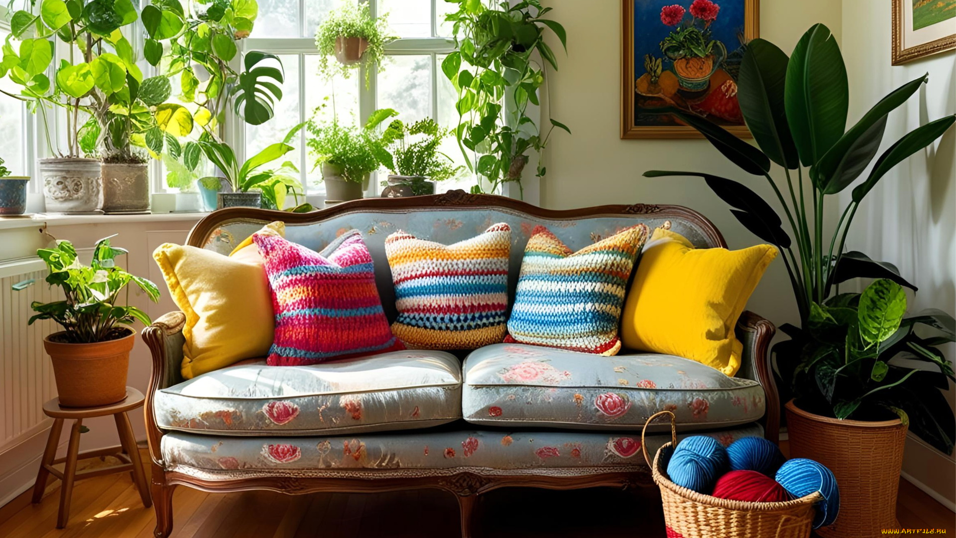 3д, графика, реализм, , realism, диван, подушки, растения