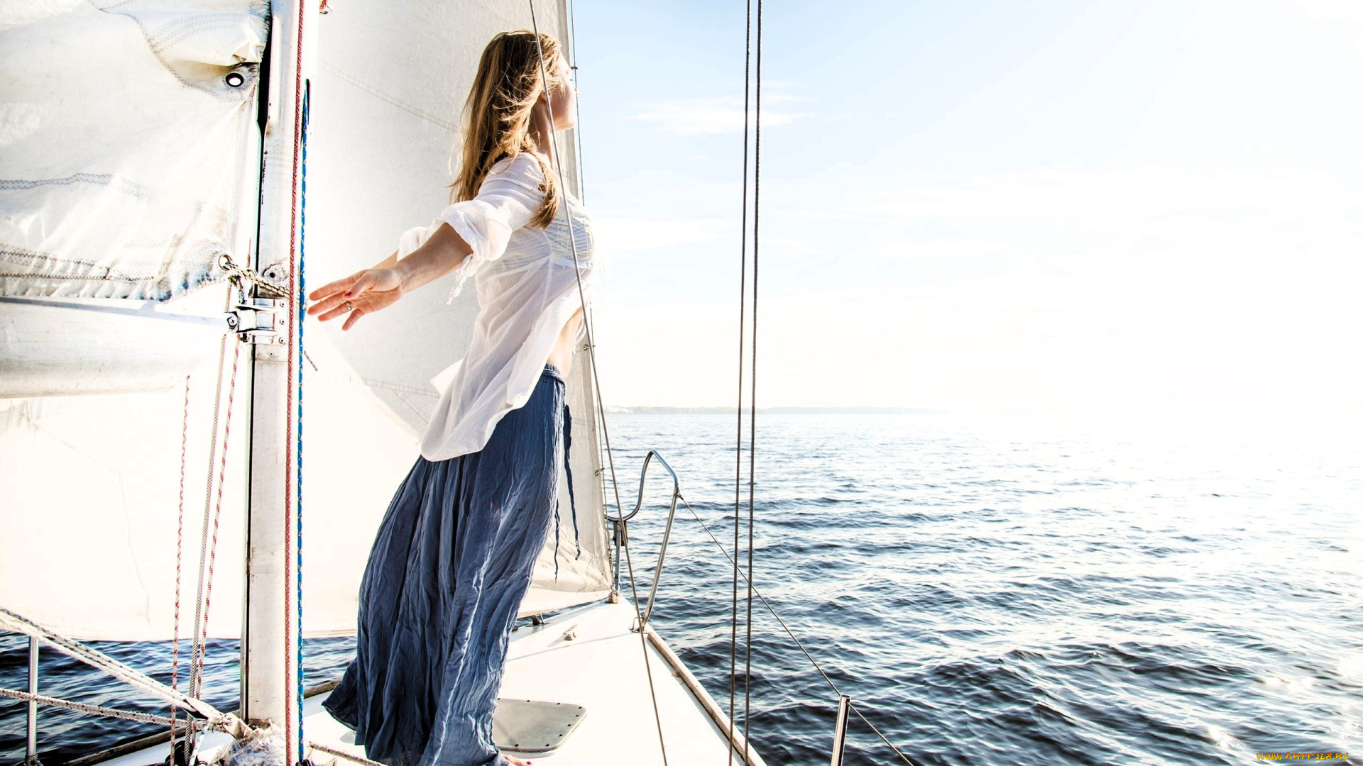 девушки, -, блондинки, , светловолосые, блондинка, блузка, юбка, яхта, море