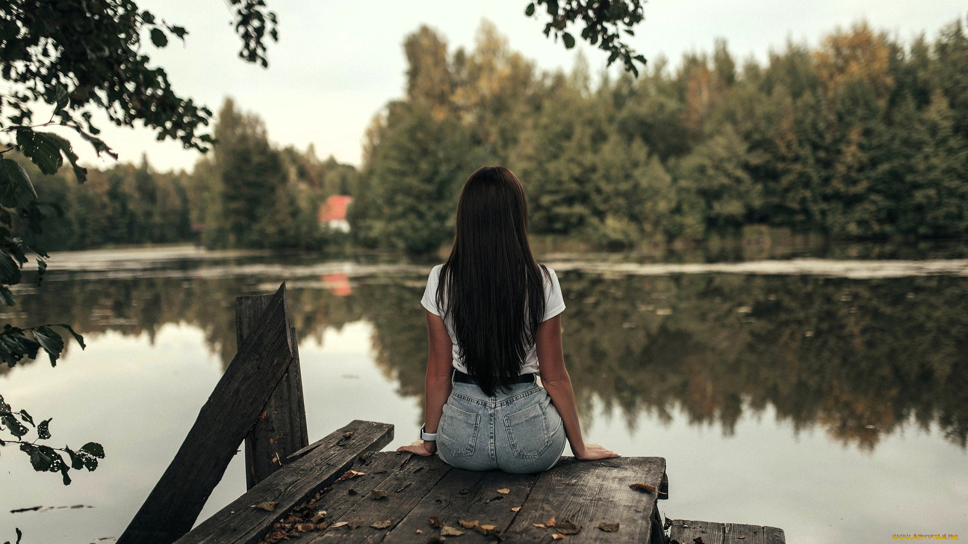 девушки, -, брюнетки, , шатенки, брюнетка, футболка, джинсы, причал, деревья, озеро