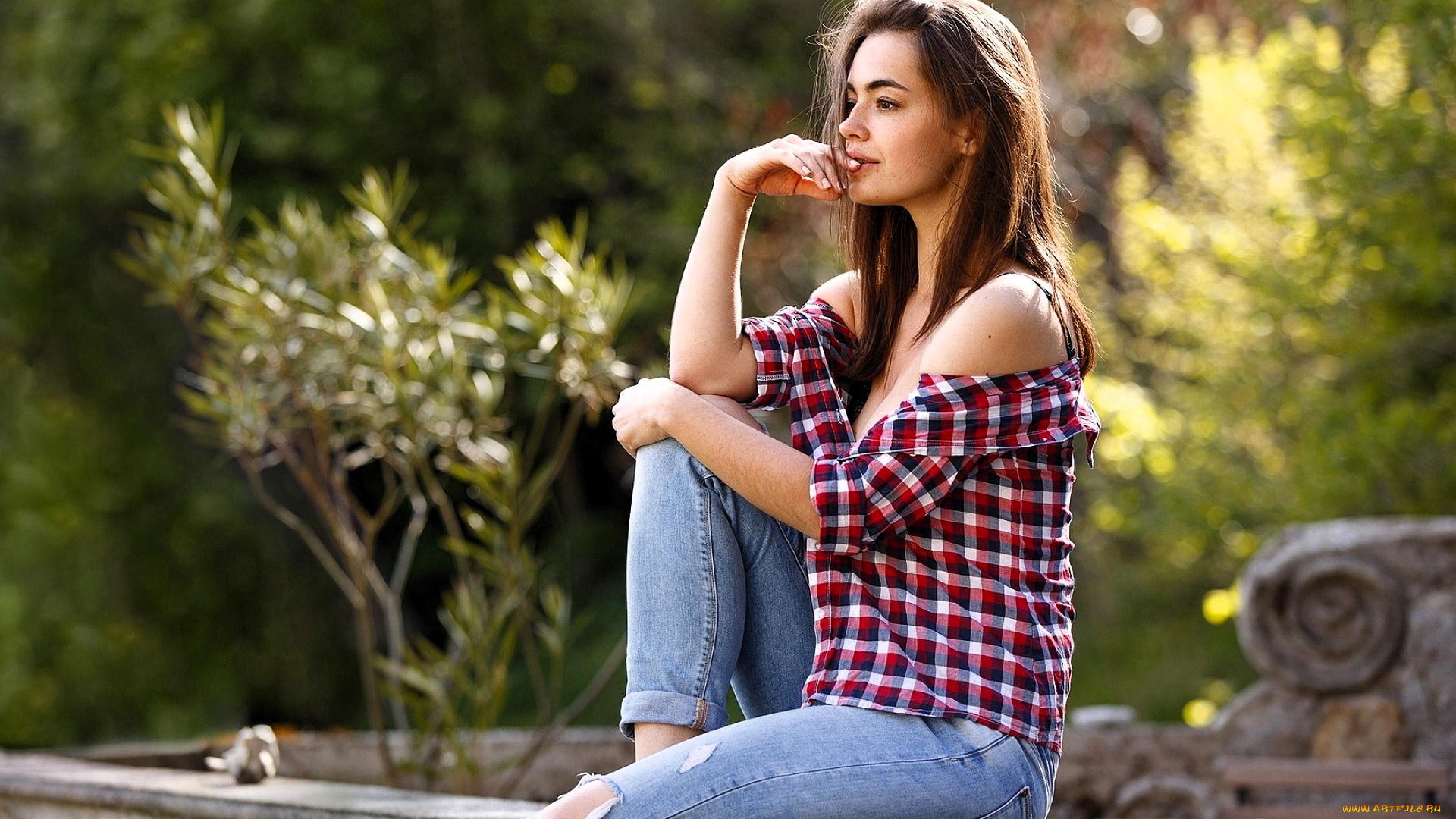 девушки, -, брюнетки, , шатенки, шатенка, рубашка, джинсы, деревья