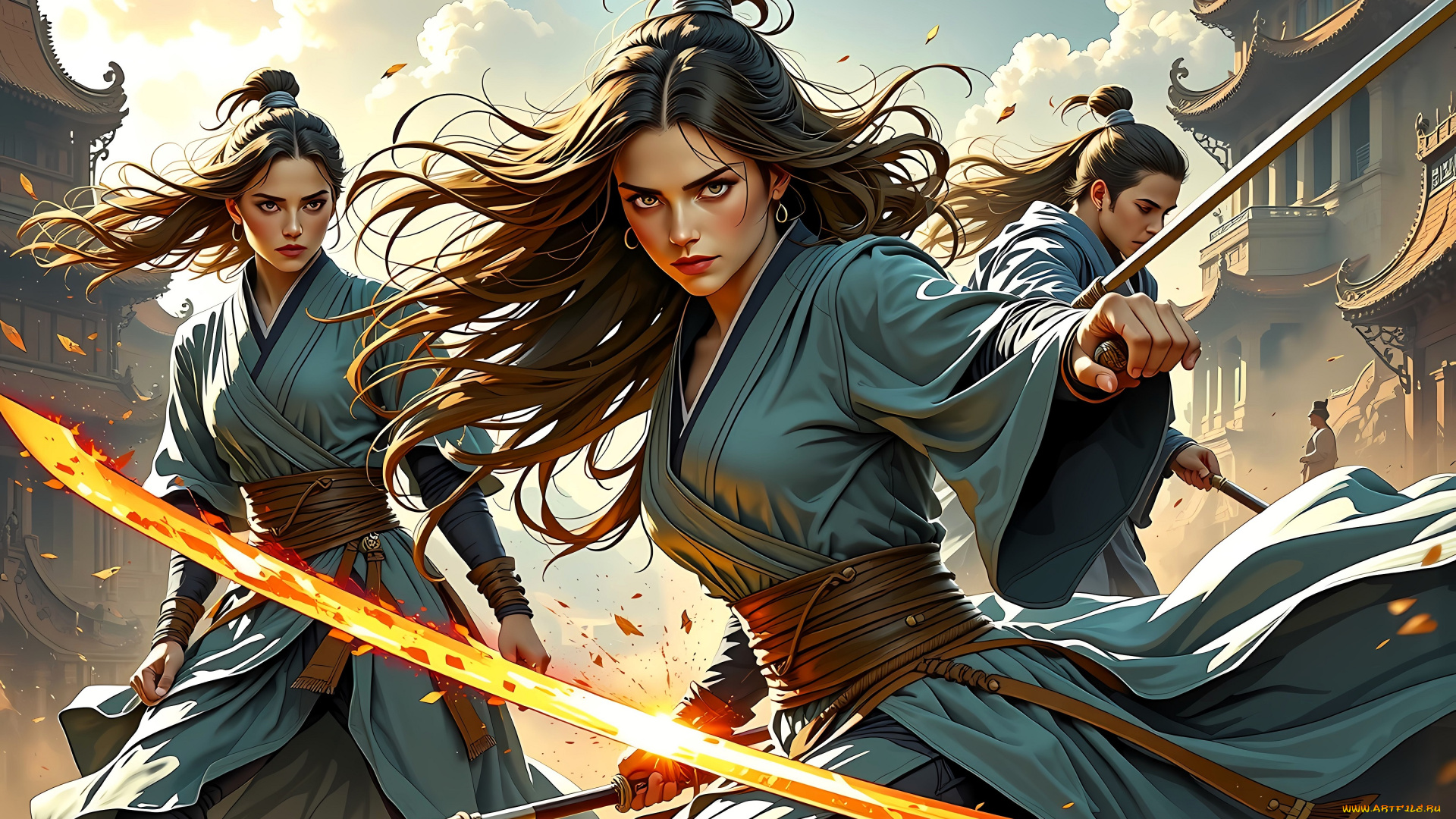 фэнтези, девушки, наряды, азия, оружие, город, здания