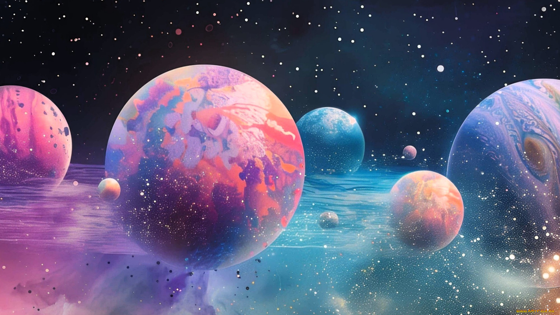 космос, арт, планеты, звезды, вода