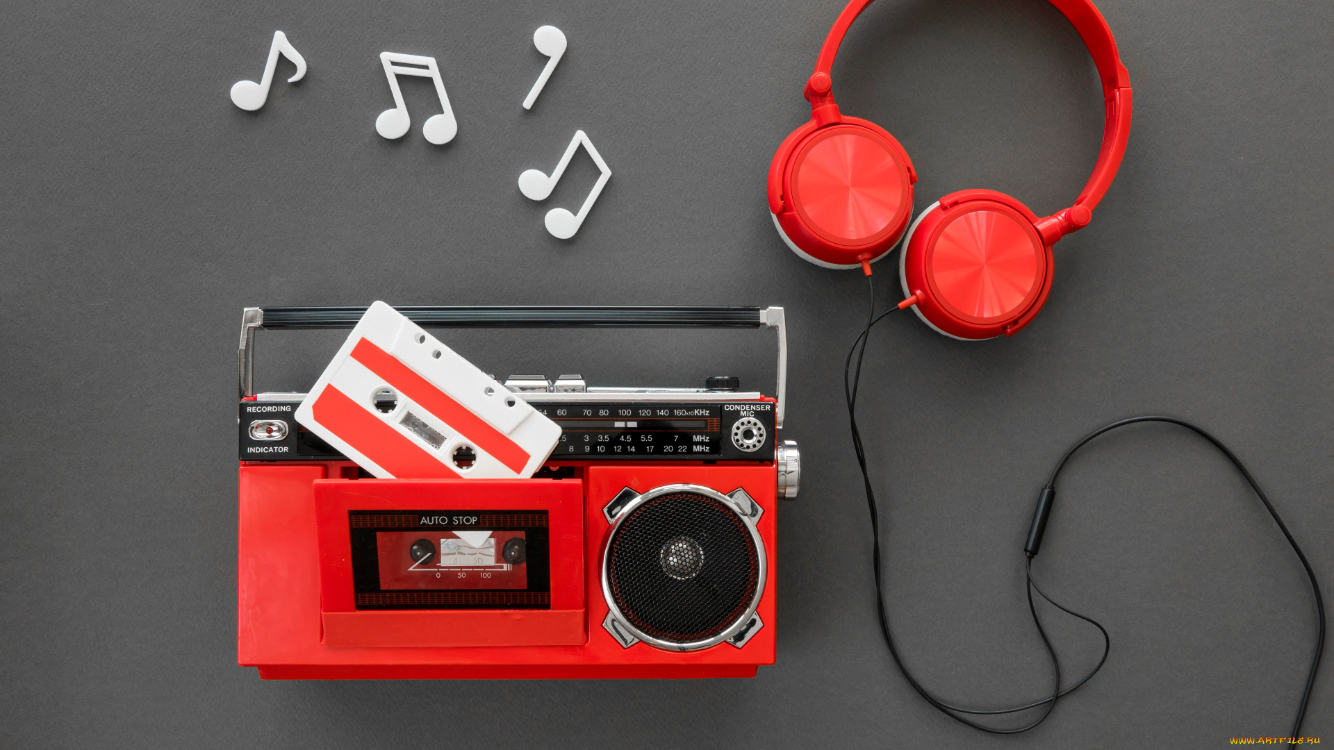 музычка, музыка, -другое, красный, ноты, фон, наушники, провод, кассета, магнитофон