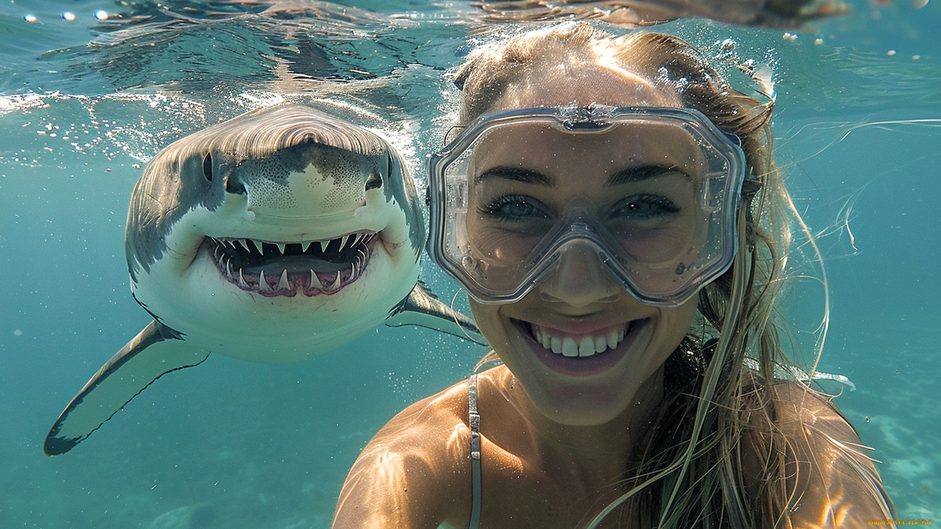 юмор, и, приколы, девушка, маска, улыбка, акула, море