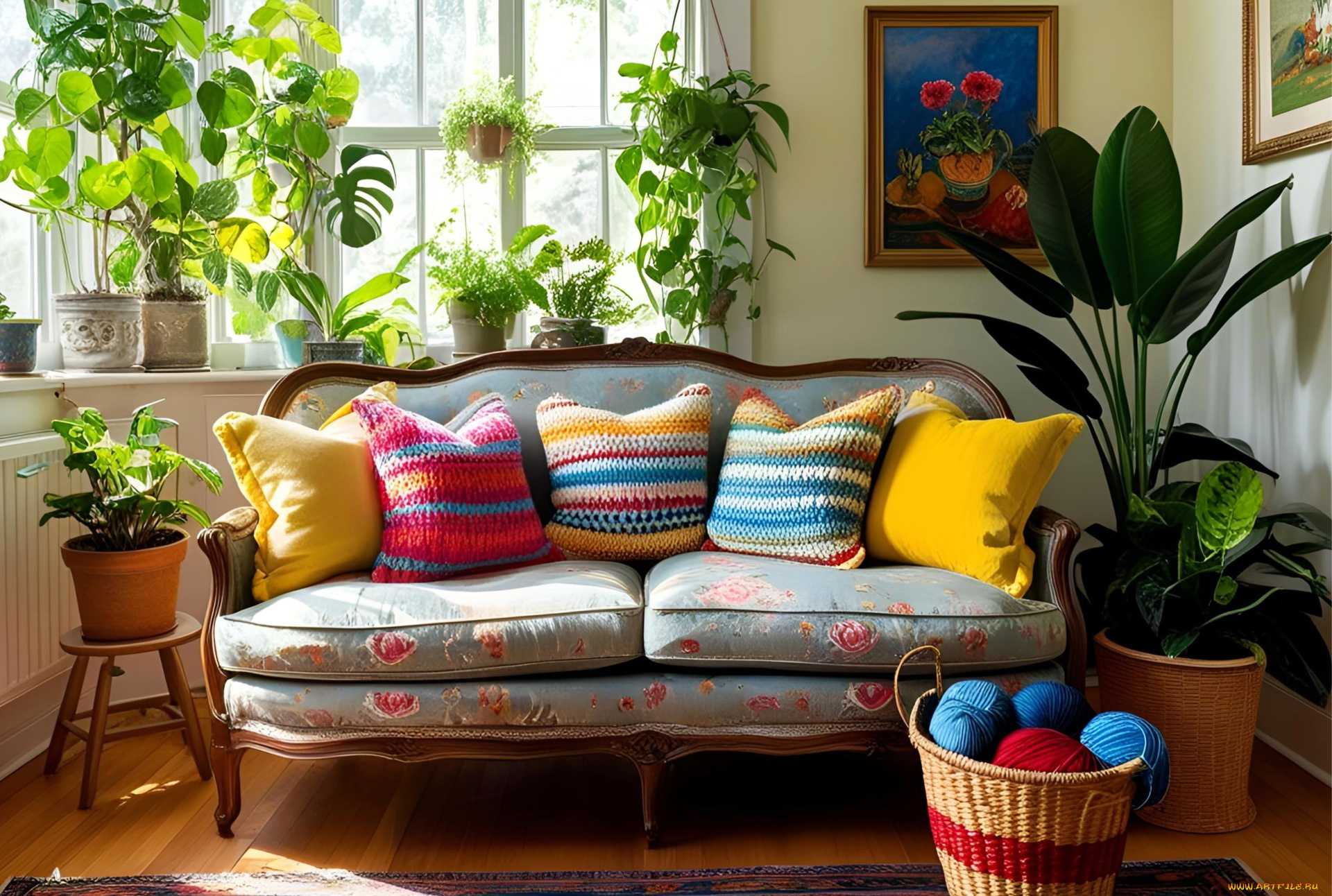 3д, графика, реализм, , realism, диван, подушки, растения