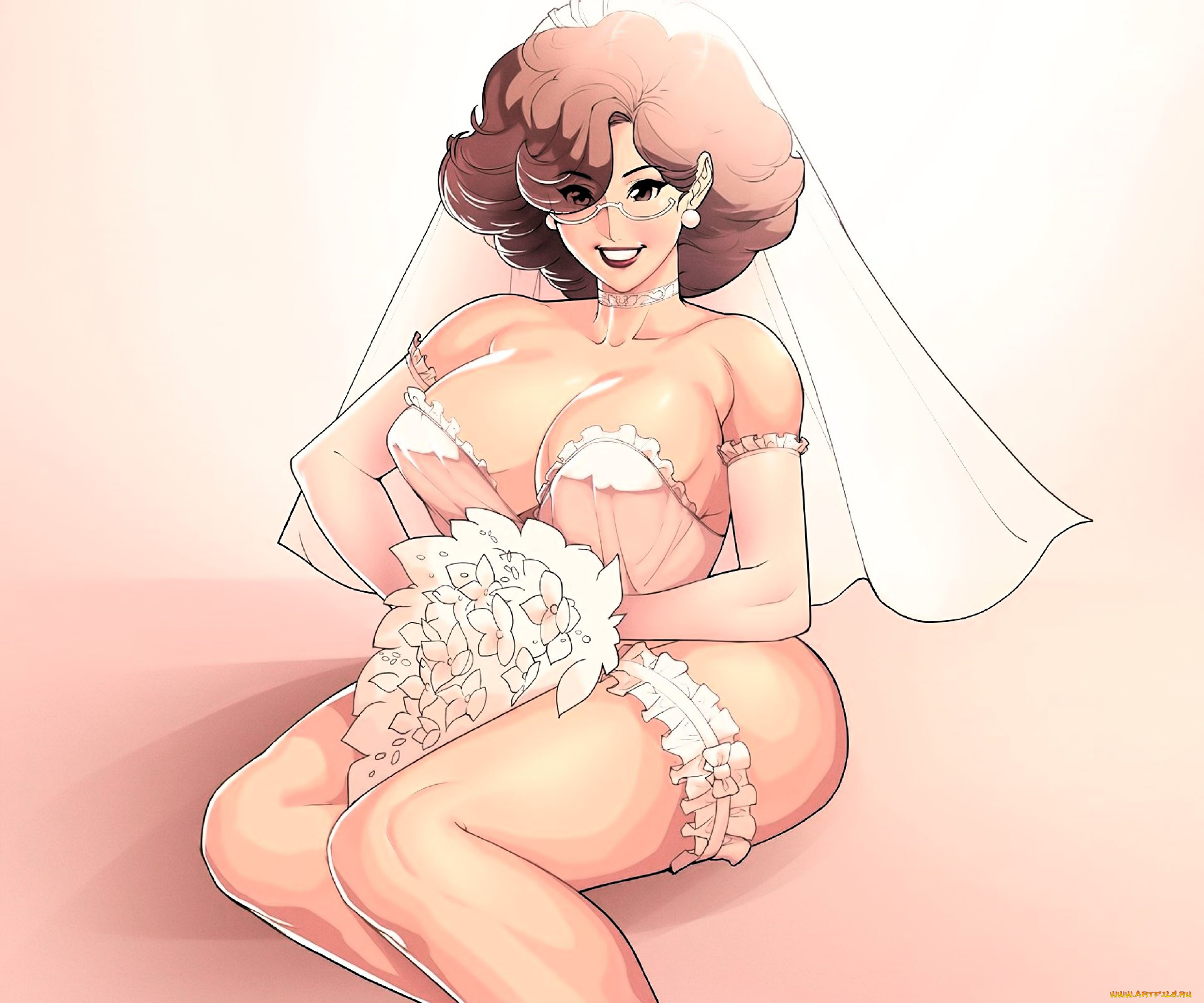 рисованное, люди, девушка, невеста, фата, очки, букет, белье