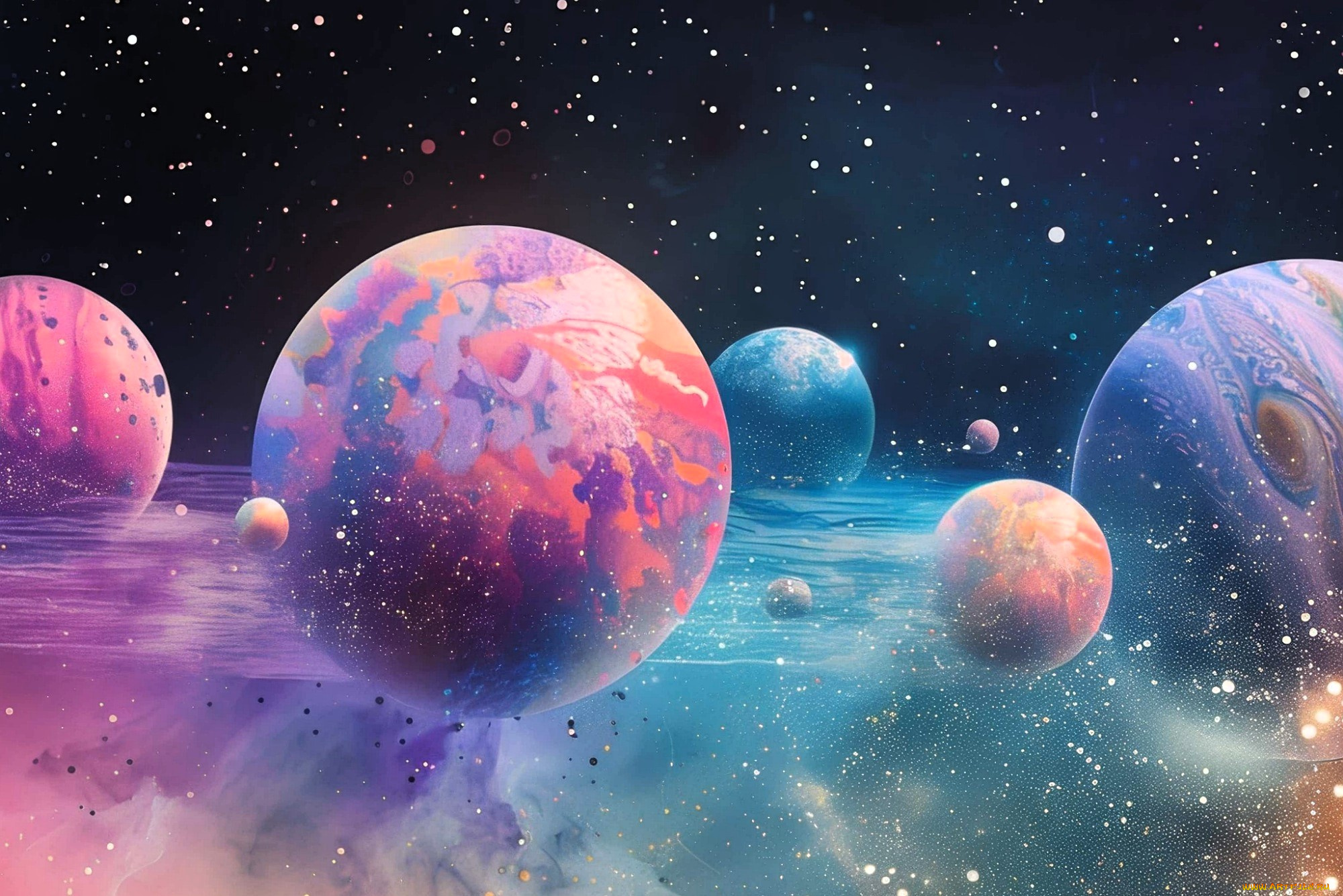 космос, арт, планеты, звезды, вода