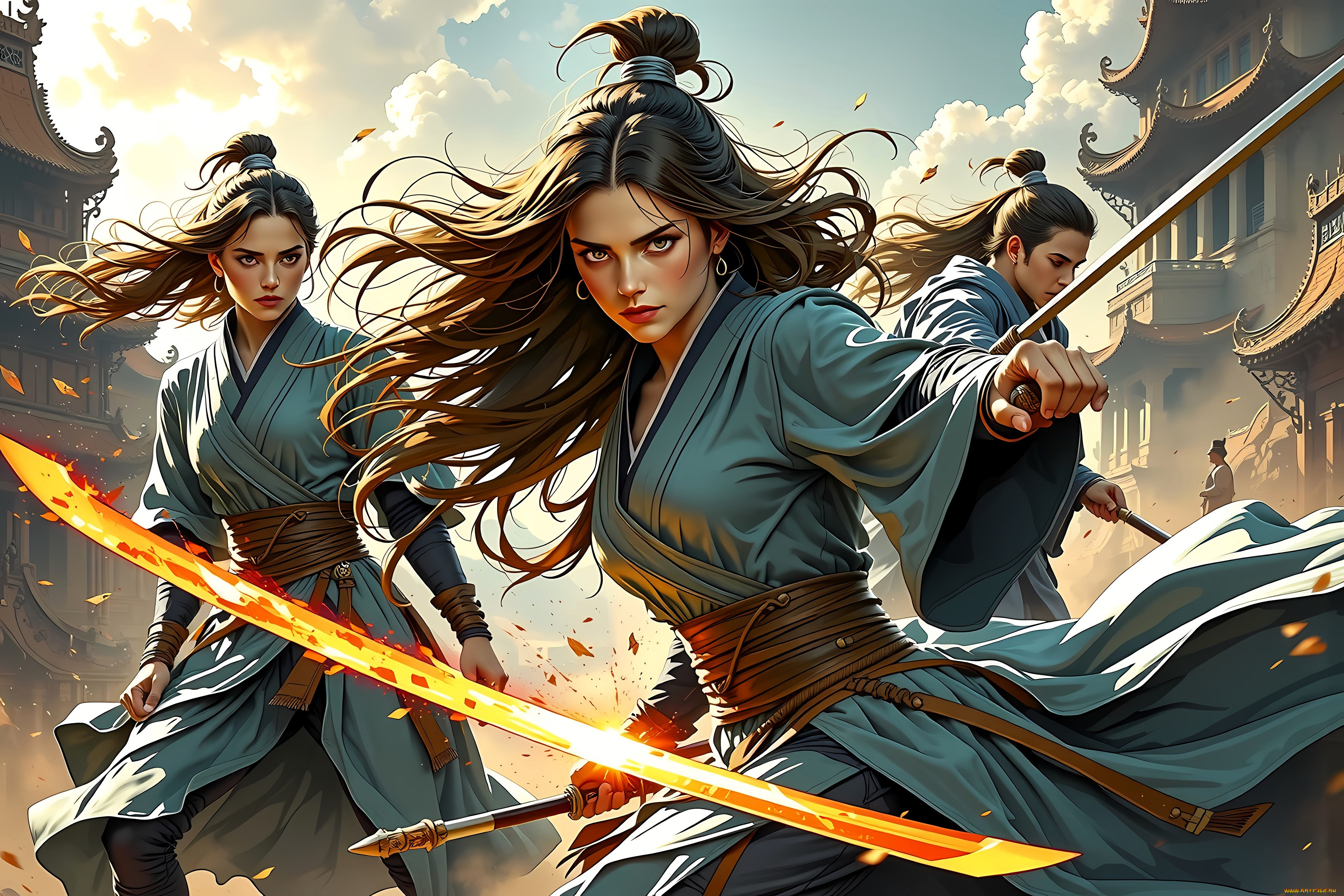 фэнтези, девушки, наряды, азия, оружие, город, здания