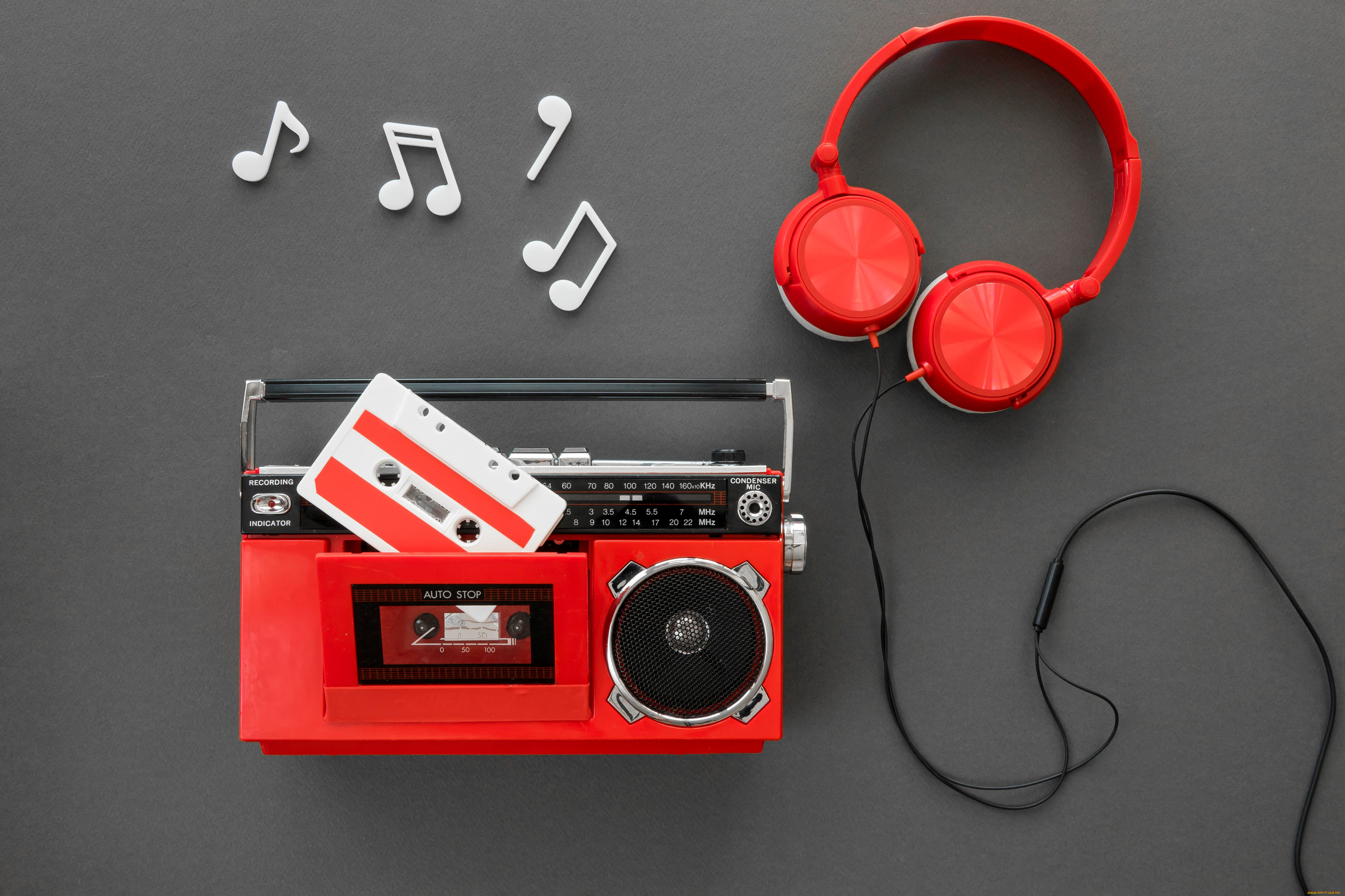 музычка, музыка, -другое, красный, ноты, фон, наушники, провод, кассета, магнитофон