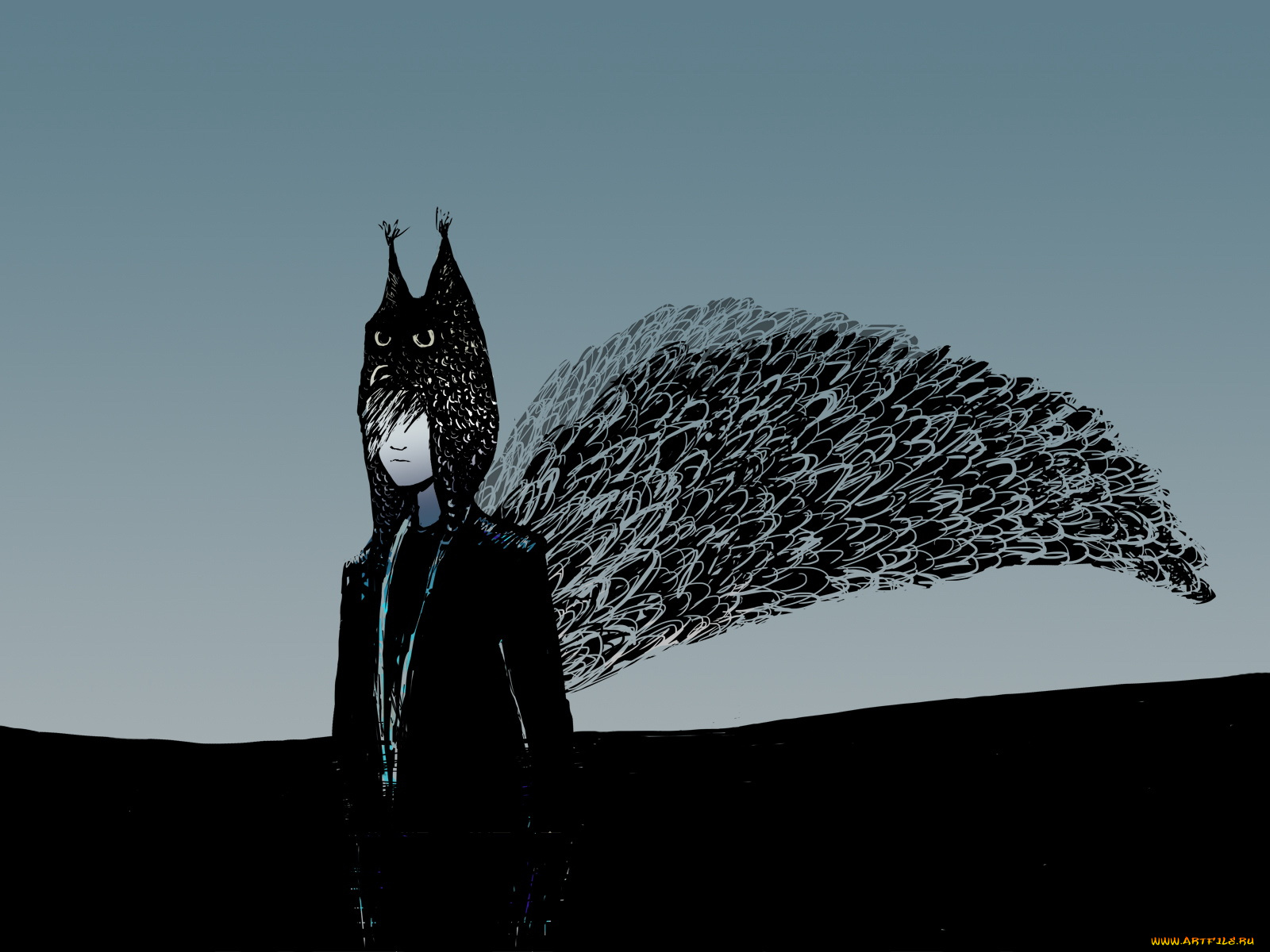 векторная, графика, мальчик, крыло