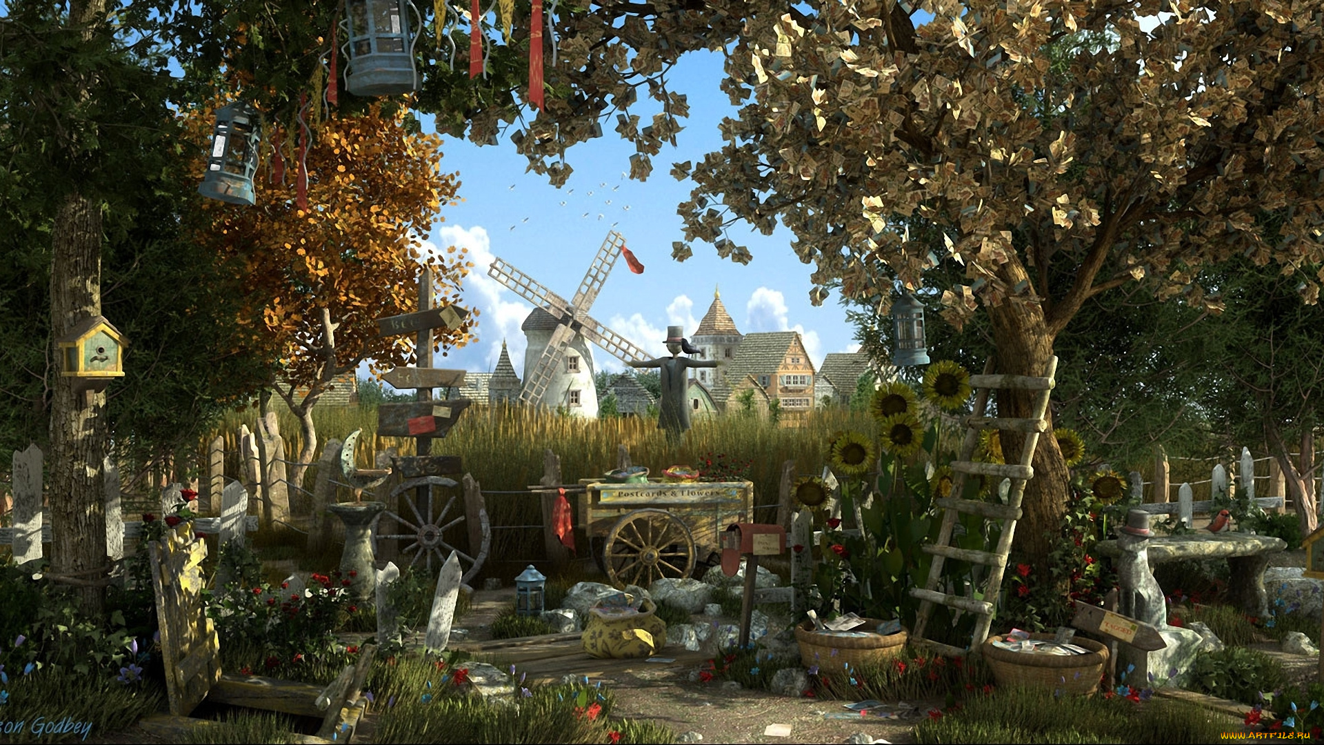3д, графика, realism, реализм, лестница, подсолнухи, пугало, мельница, деревья, арт, jason, godbey, город, поле