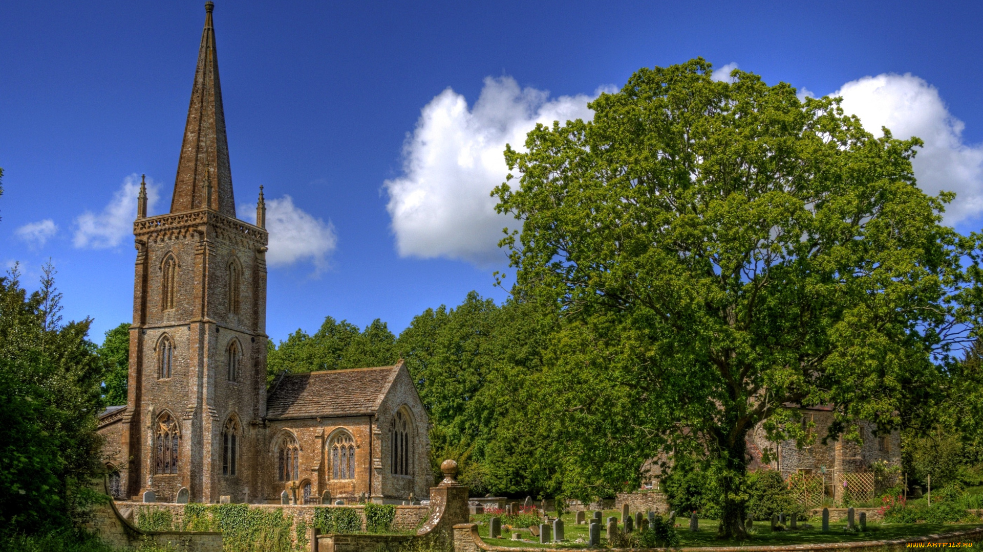церковь, святого, андрея, трент, англия, города, католические, соборы, костелы, аббатства, шпиль, деревья, кладбище