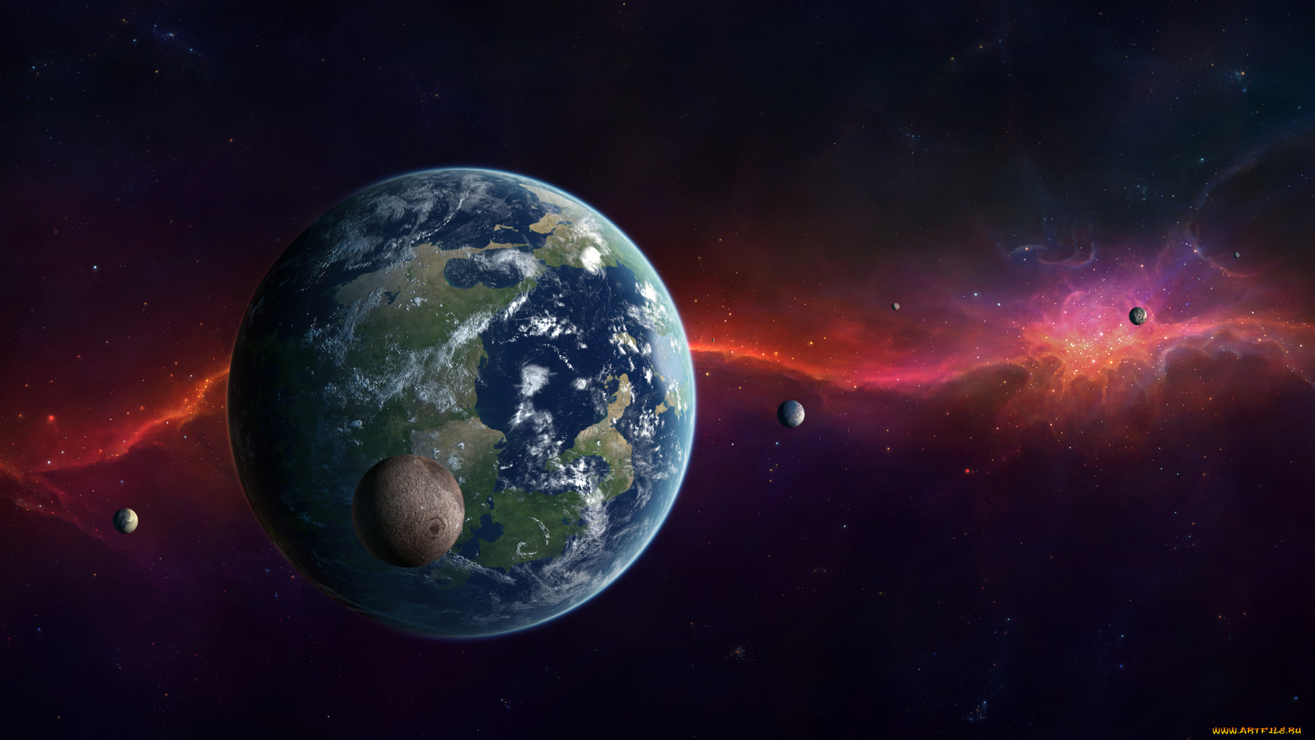 космос, земля, сияние, звезды, спутники, планета