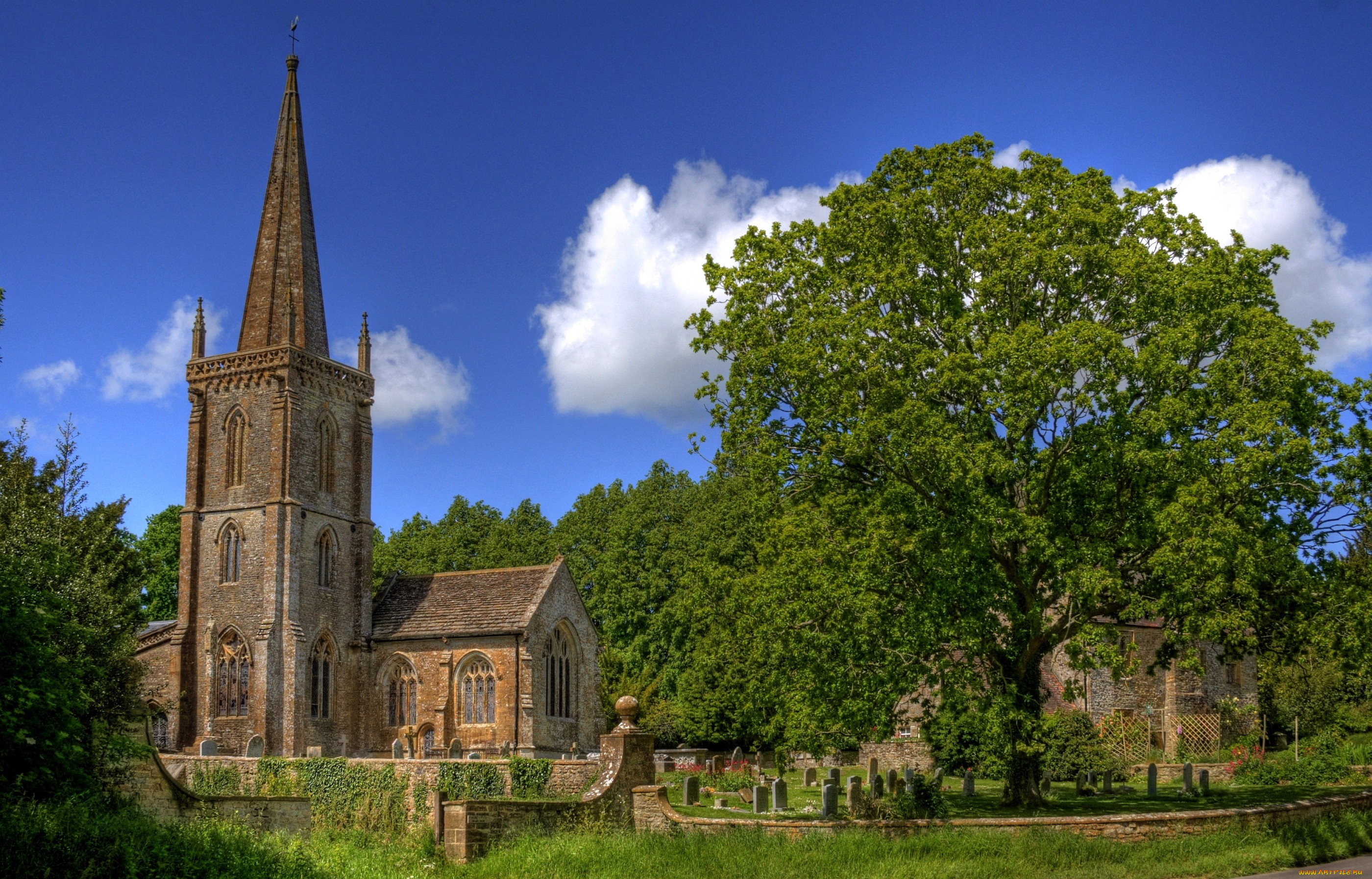 церковь, святого, андрея, трент, англия, города, католические, соборы, костелы, аббатства, шпиль, деревья, кладбище