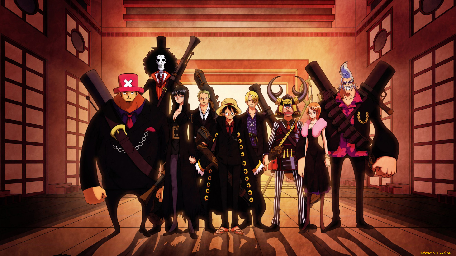 аниме, one, piece, черный, плащ, банда, пираты, nami, monkey, d, luffy, sanji, roronoa, zoro, usopp, chopper, nico, robin, franky, brook