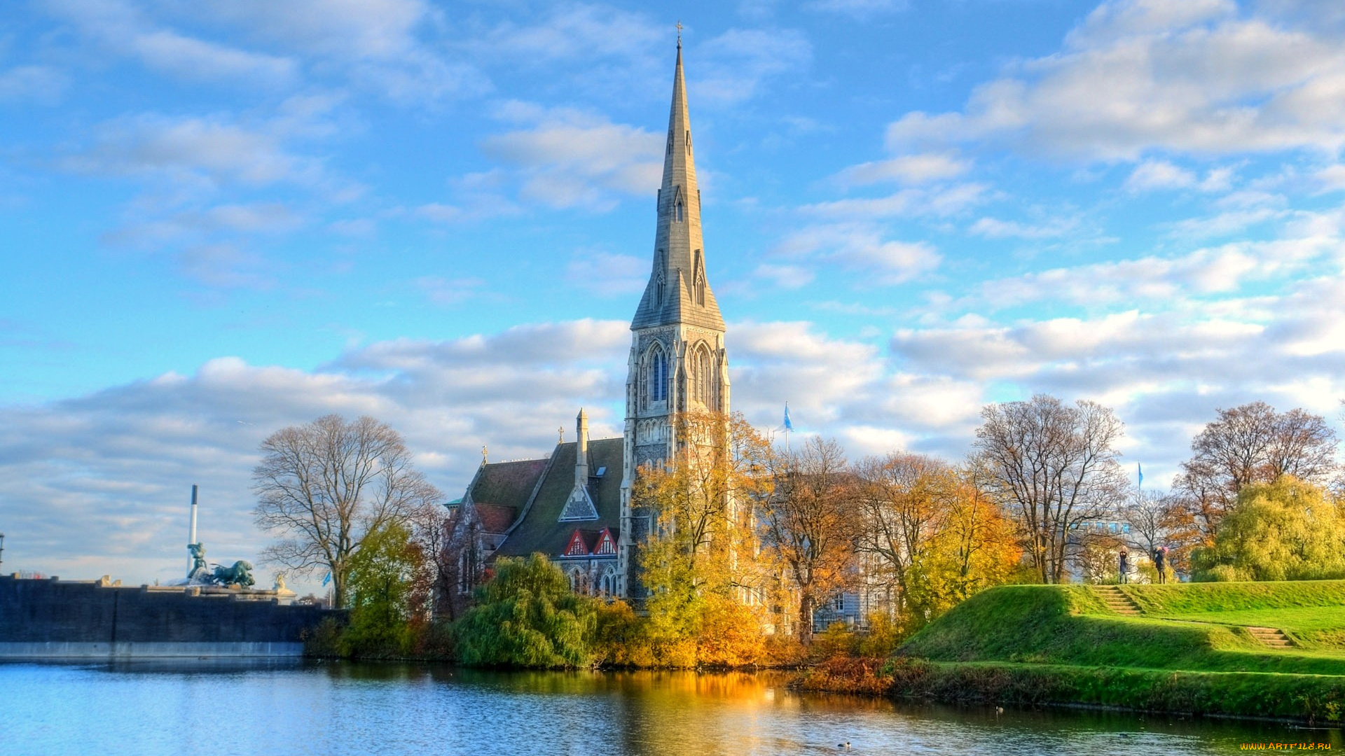 города, католические, соборы, костелы, аббатства, небо, костел, река