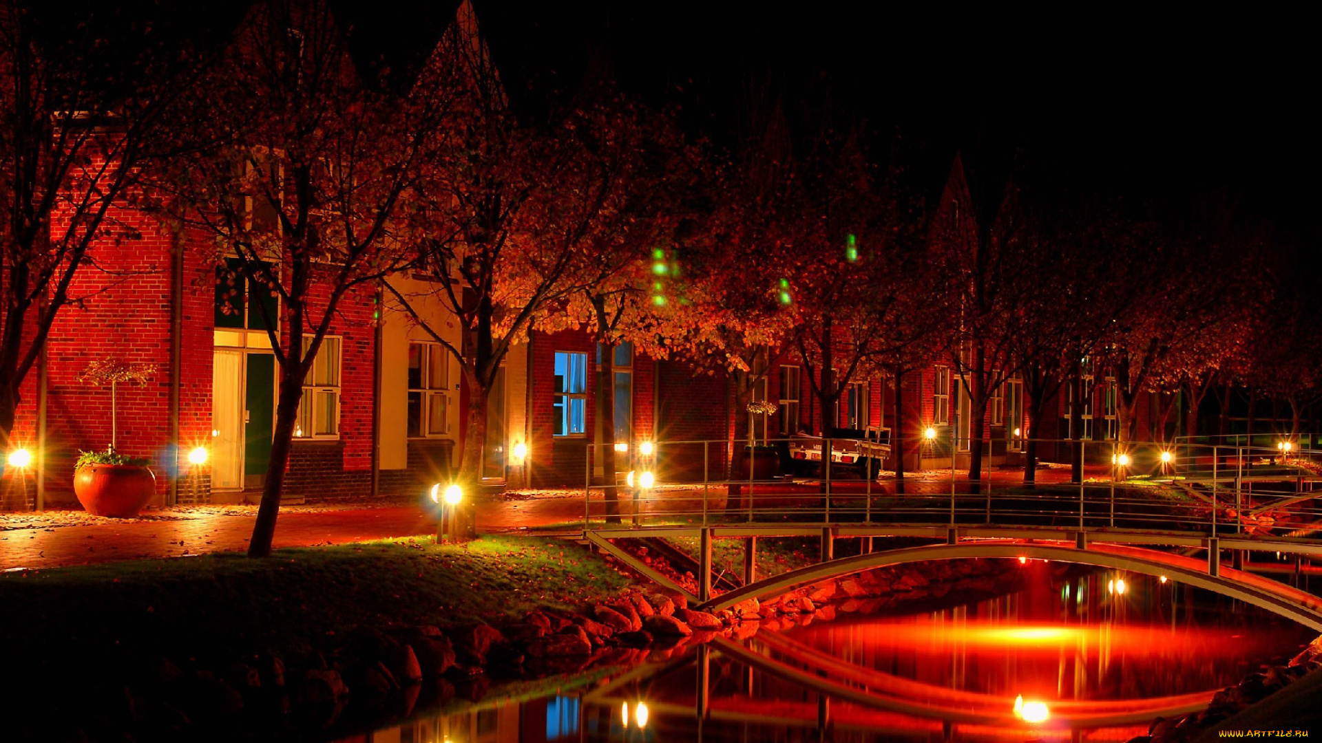 города, огни, ночного, мост, вечер, река