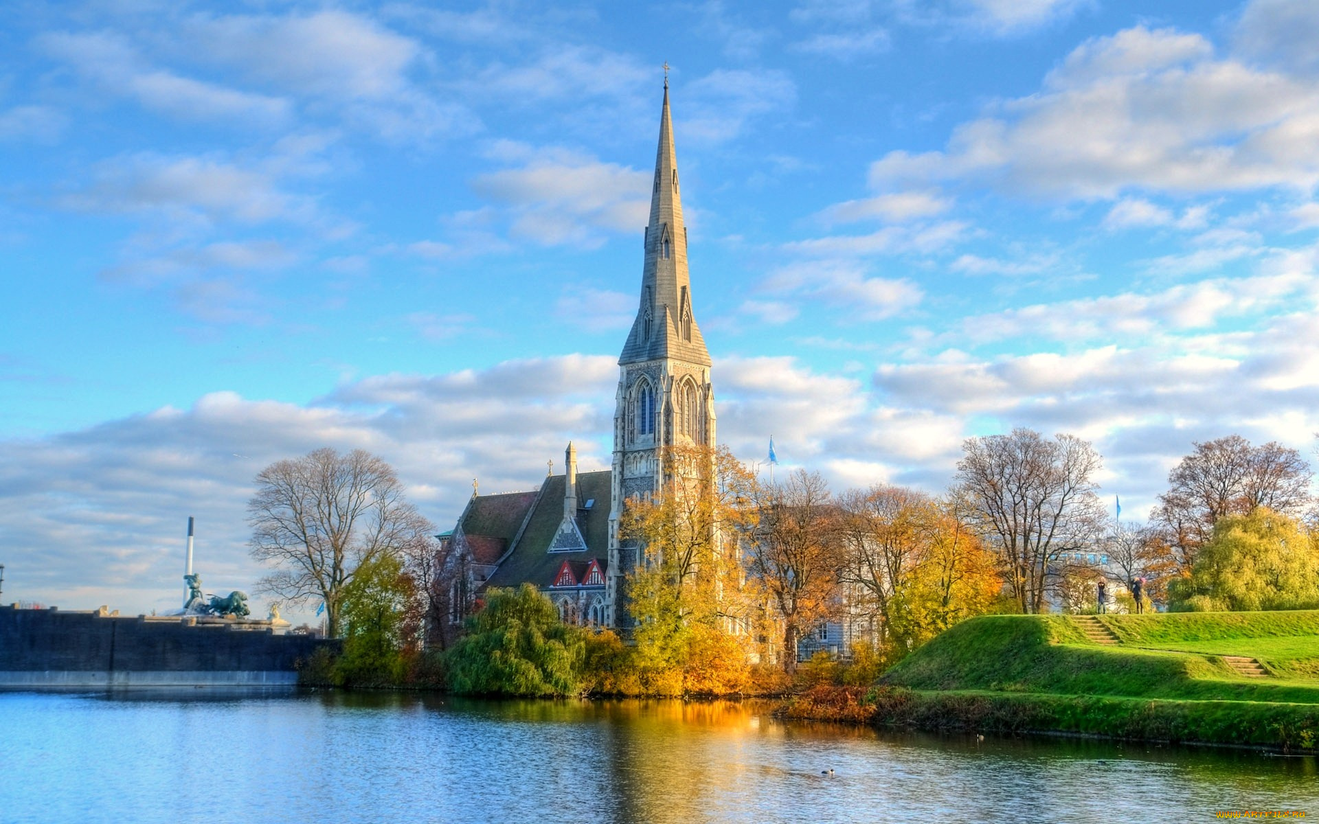 города, католические, соборы, костелы, аббатства, небо, костел, река