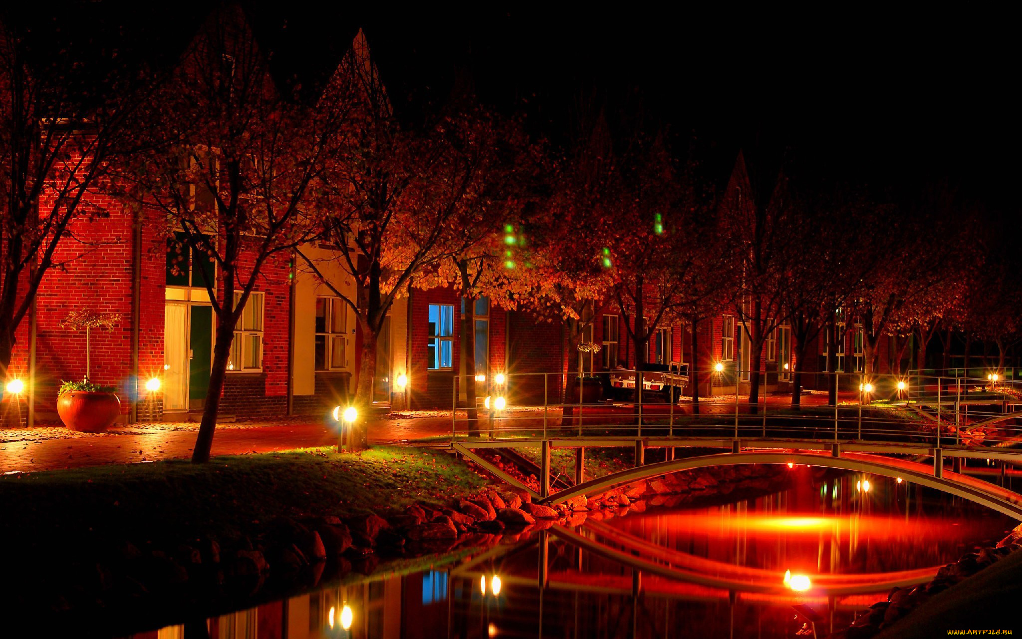 города, огни, ночного, мост, вечер, река