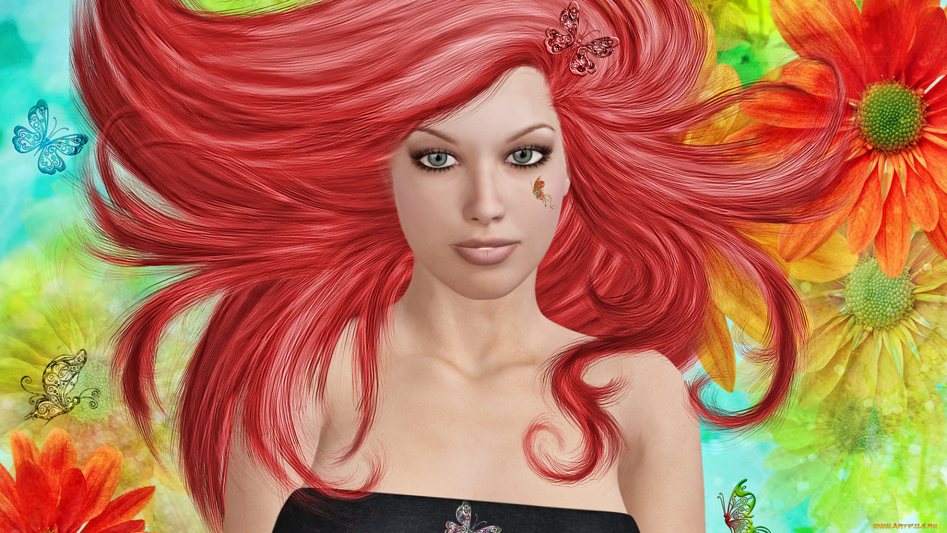 3д, графика, people, люди, бабочка, волосы, цветы