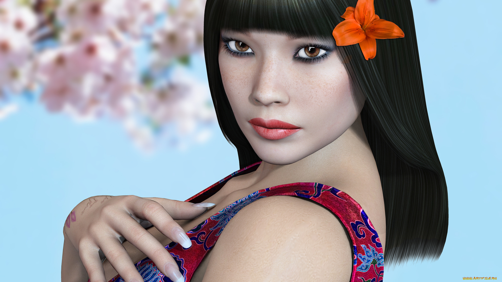 3д, графика, people, люди, цветок, взгляд, тату