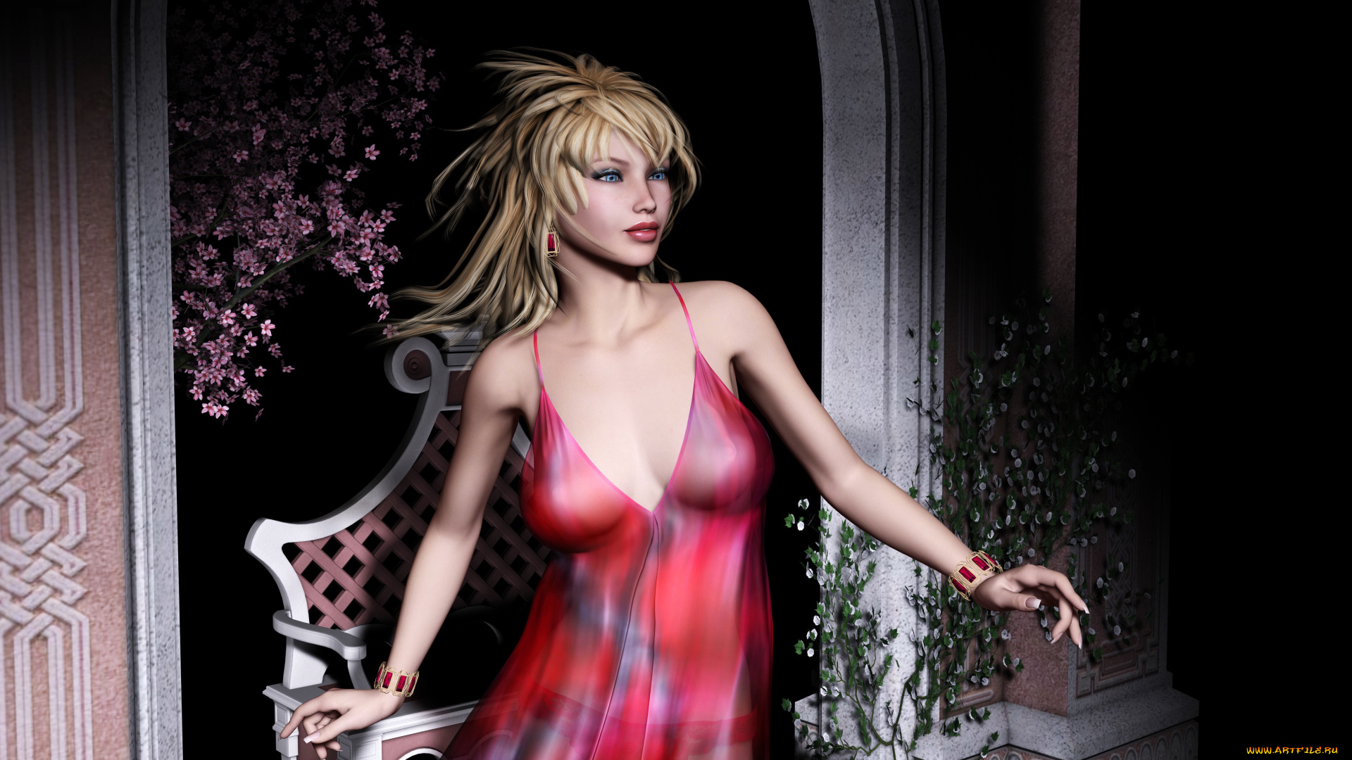 3д, графика, people, люди, ветка, цветы, кресло, взгляд