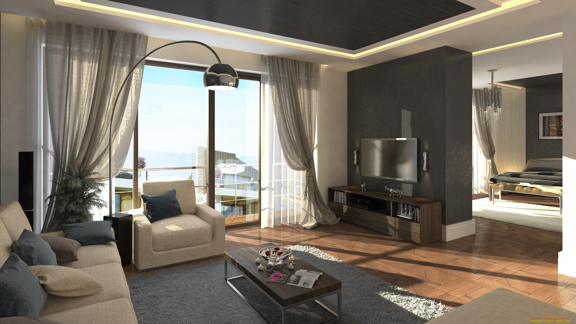 3д, графика, realism, реализм, кресло, гостинная, стол, диван, комната, подушки, шторы