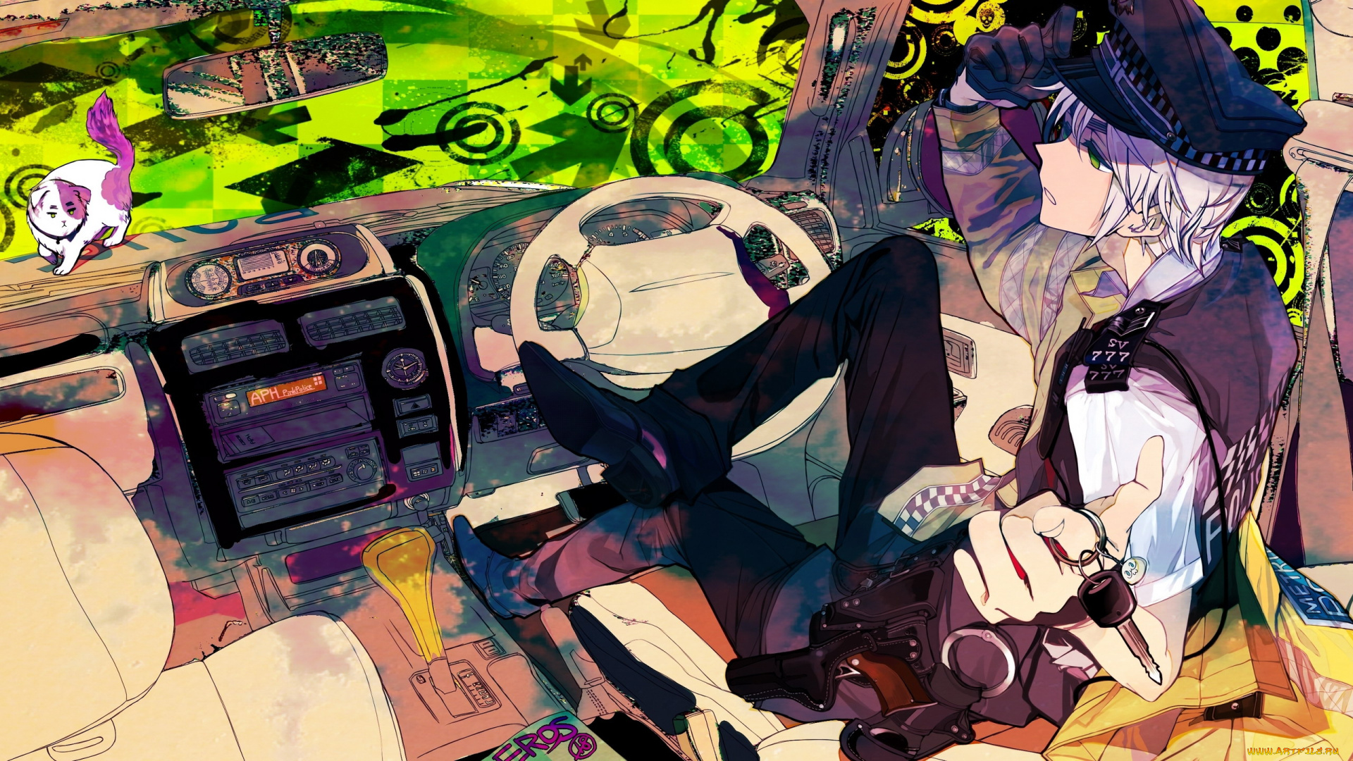 аниме, weapon, blood, technology, машина, форма, ключи, полицейский, парень, руль, пистолет, наручники, рация, кот, фуражка