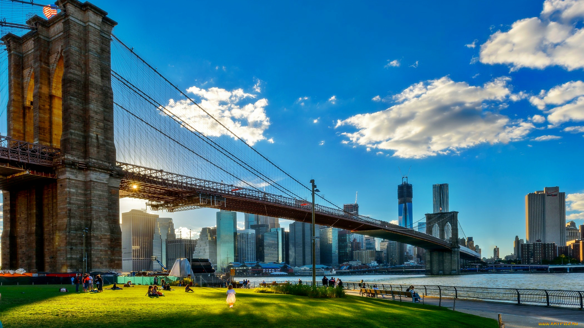 brooklyn, bridge, города, нью, йорк, сша, город, мост, река, облака, бруклин