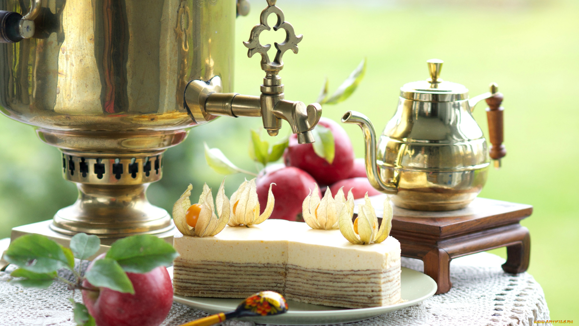 еда, натюрморт, яблоки, физалис, торт, самовар