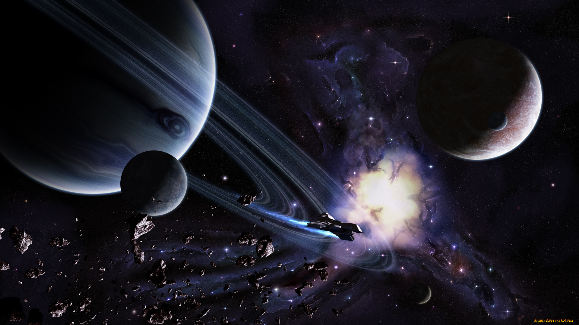 космос, арт, кольцо, корабль, планеты, звезды