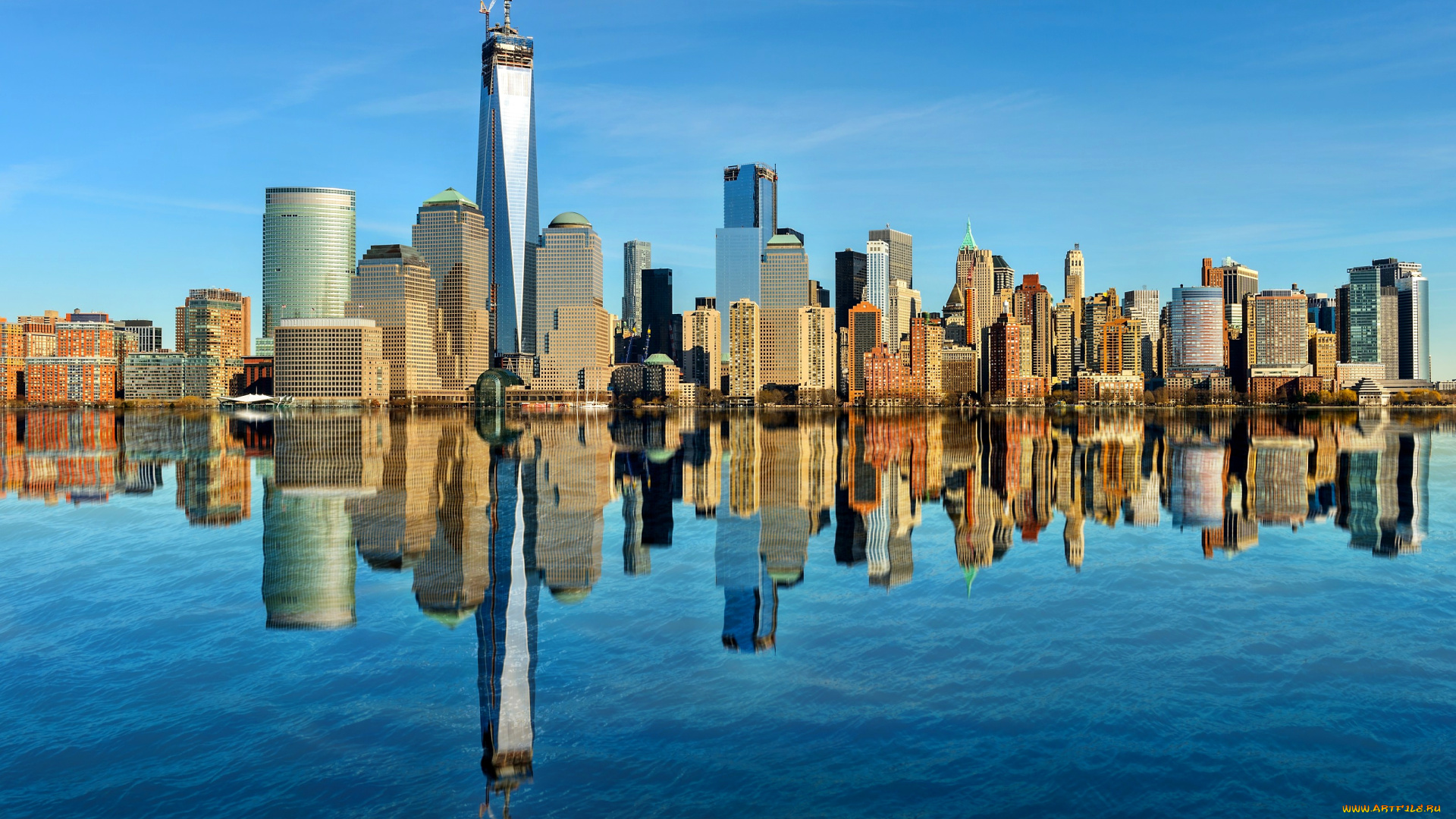 manhattan, города, нью, йорк, сша, залив, город, небоскребы, отражение