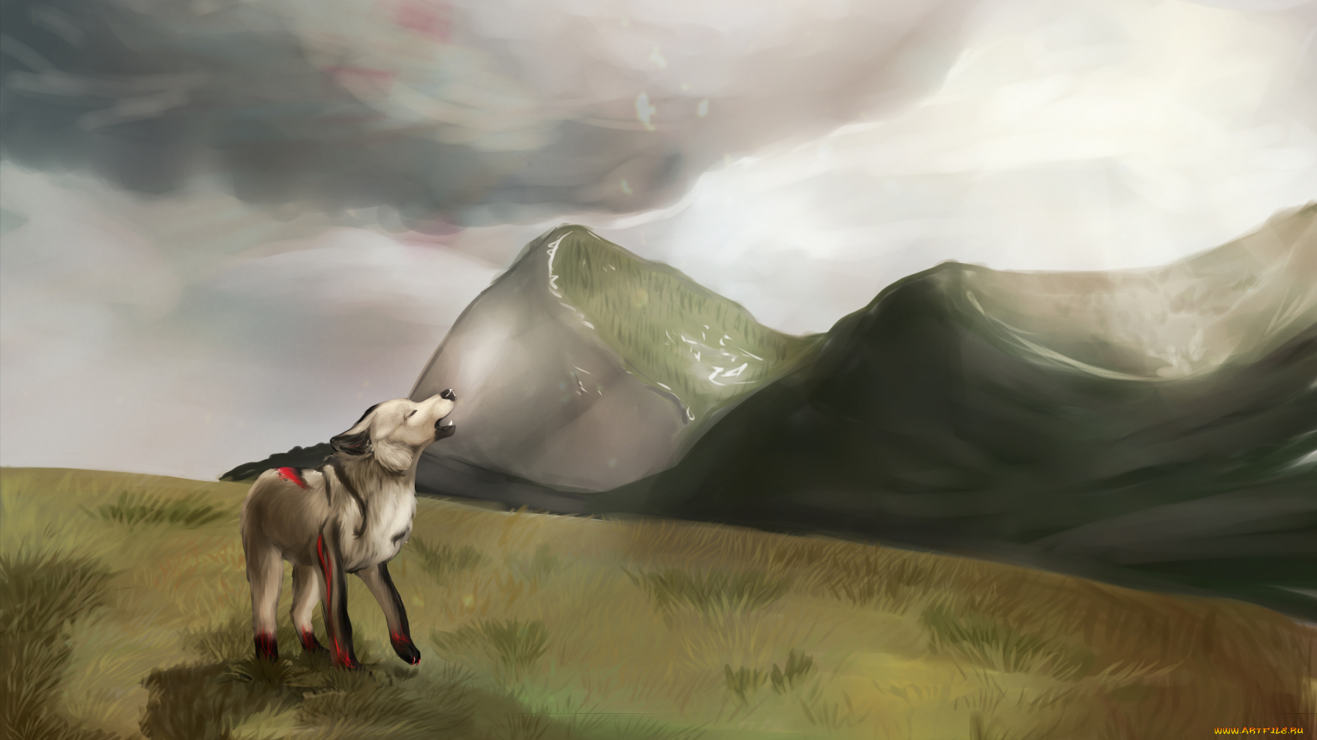 рисованные, животные, сказочные, мифические, волк, горы