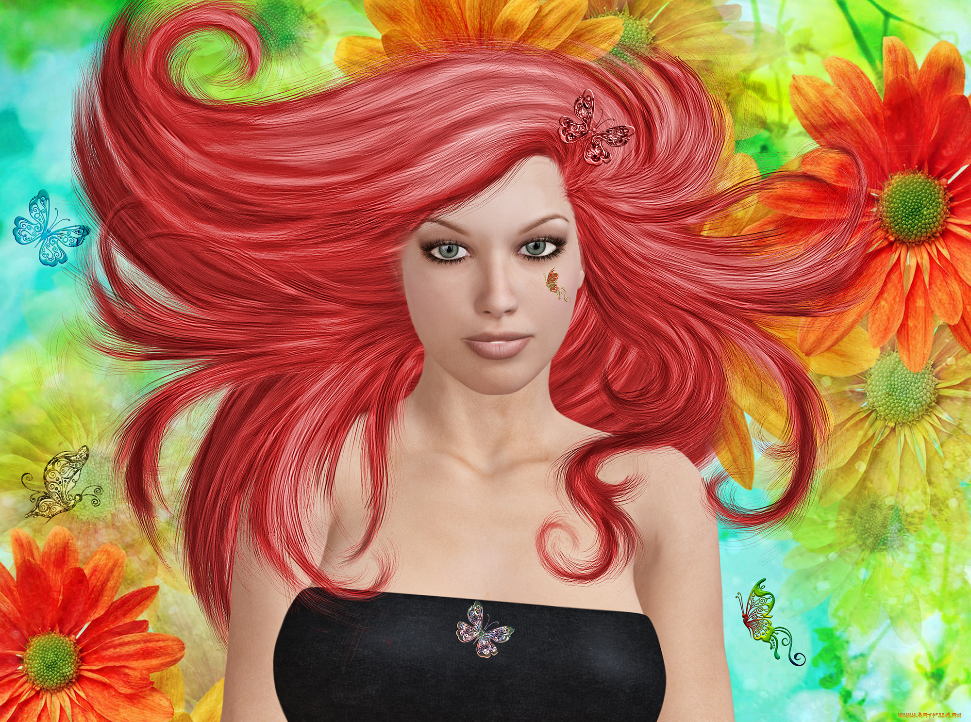 3д, графика, people, люди, бабочка, волосы, цветы