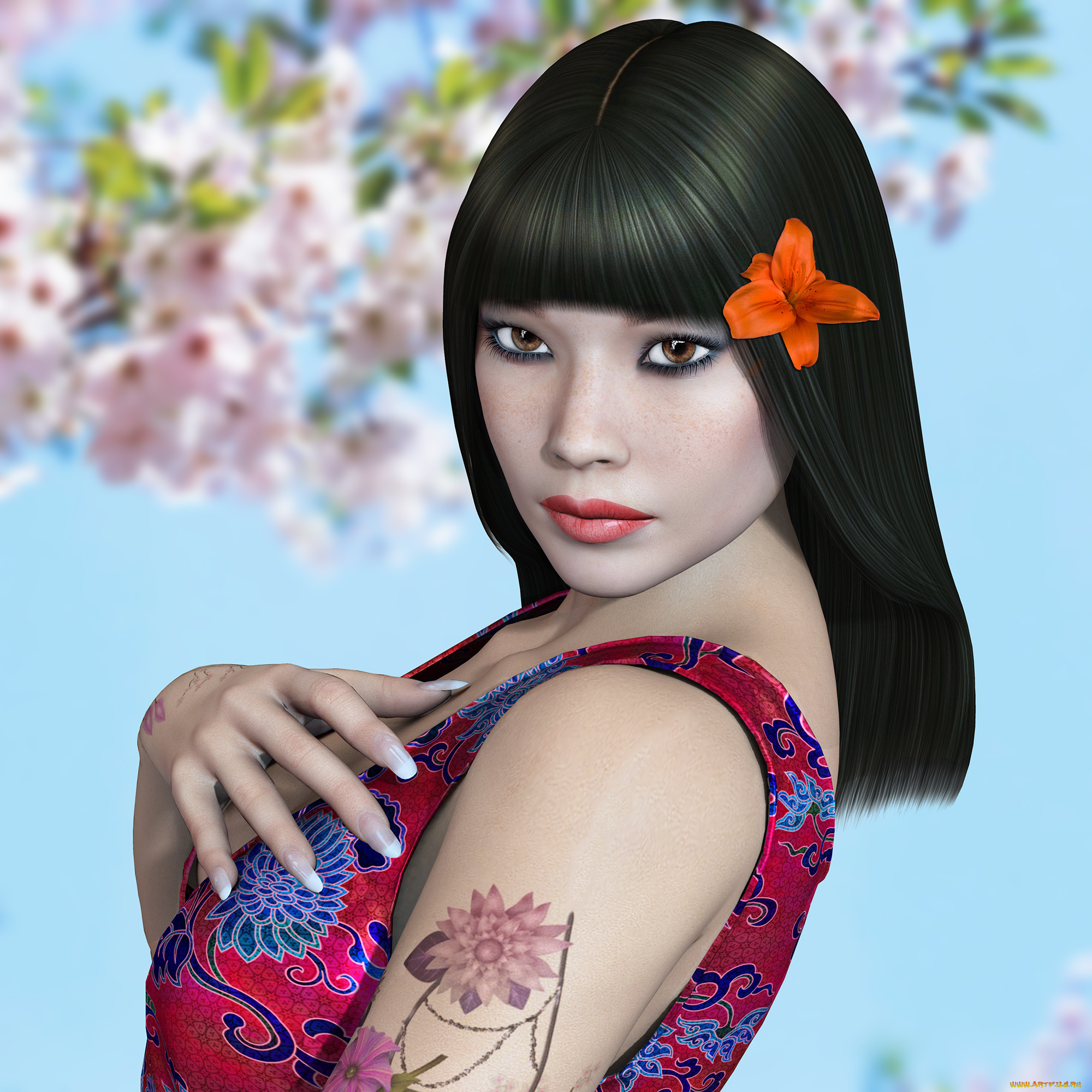 3д, графика, people, люди, цветок, взгляд, тату