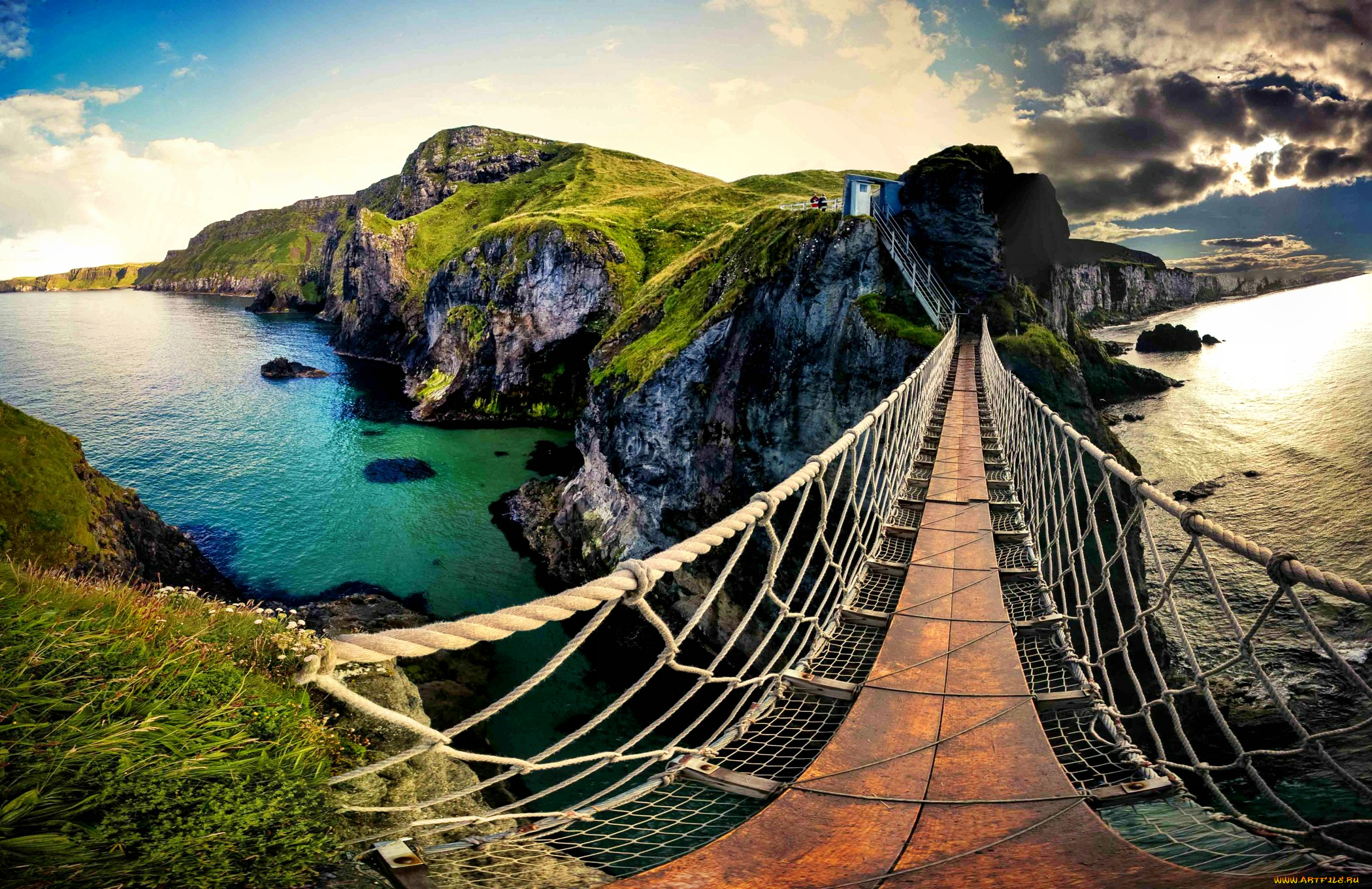 природа, побережье, мост, море, скалы, трава