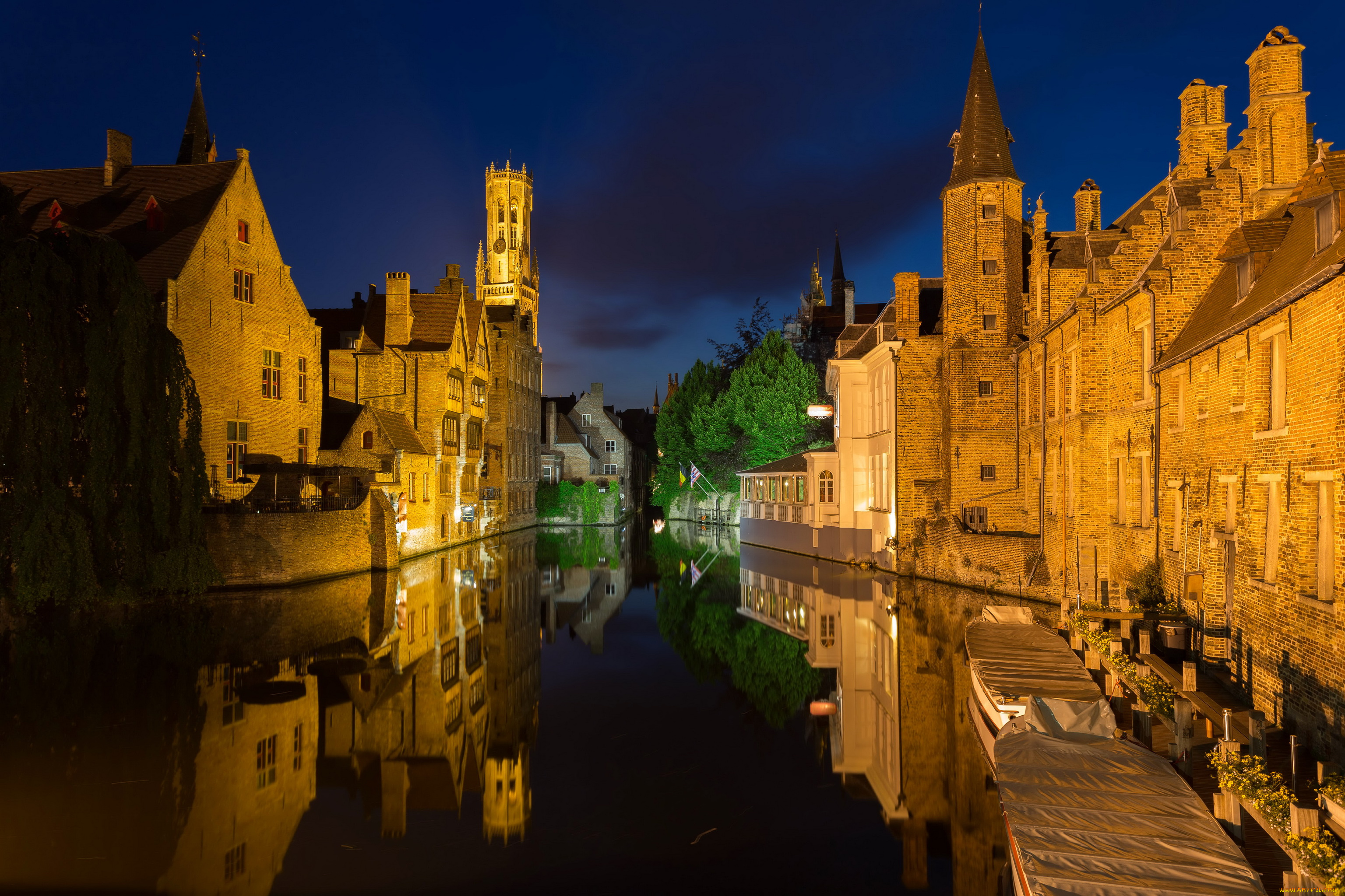 bruges, бельгия, города, брюгге, канал, ночь, огни, дома