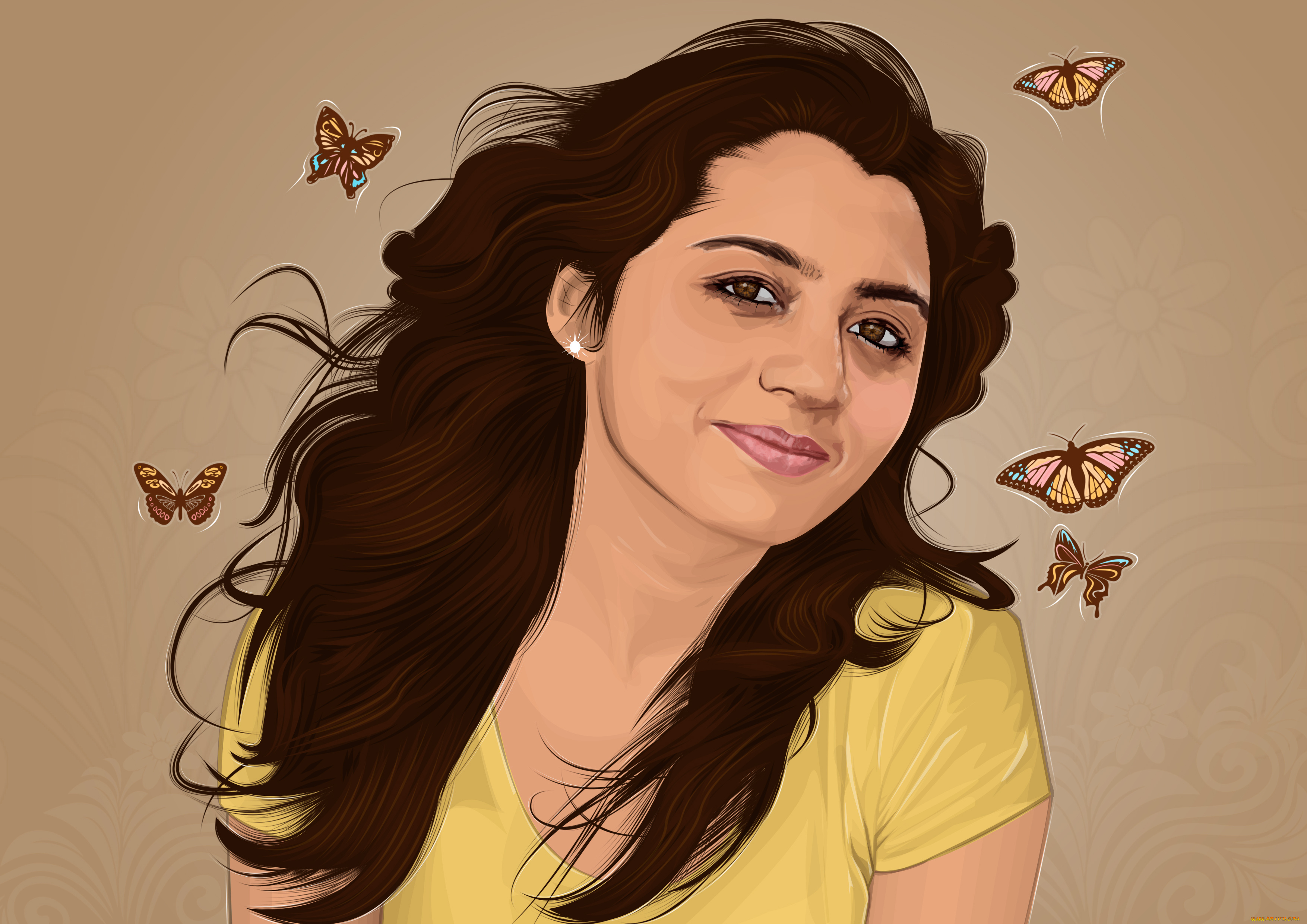 векторная, графика, улыбка, бабочки, лицо