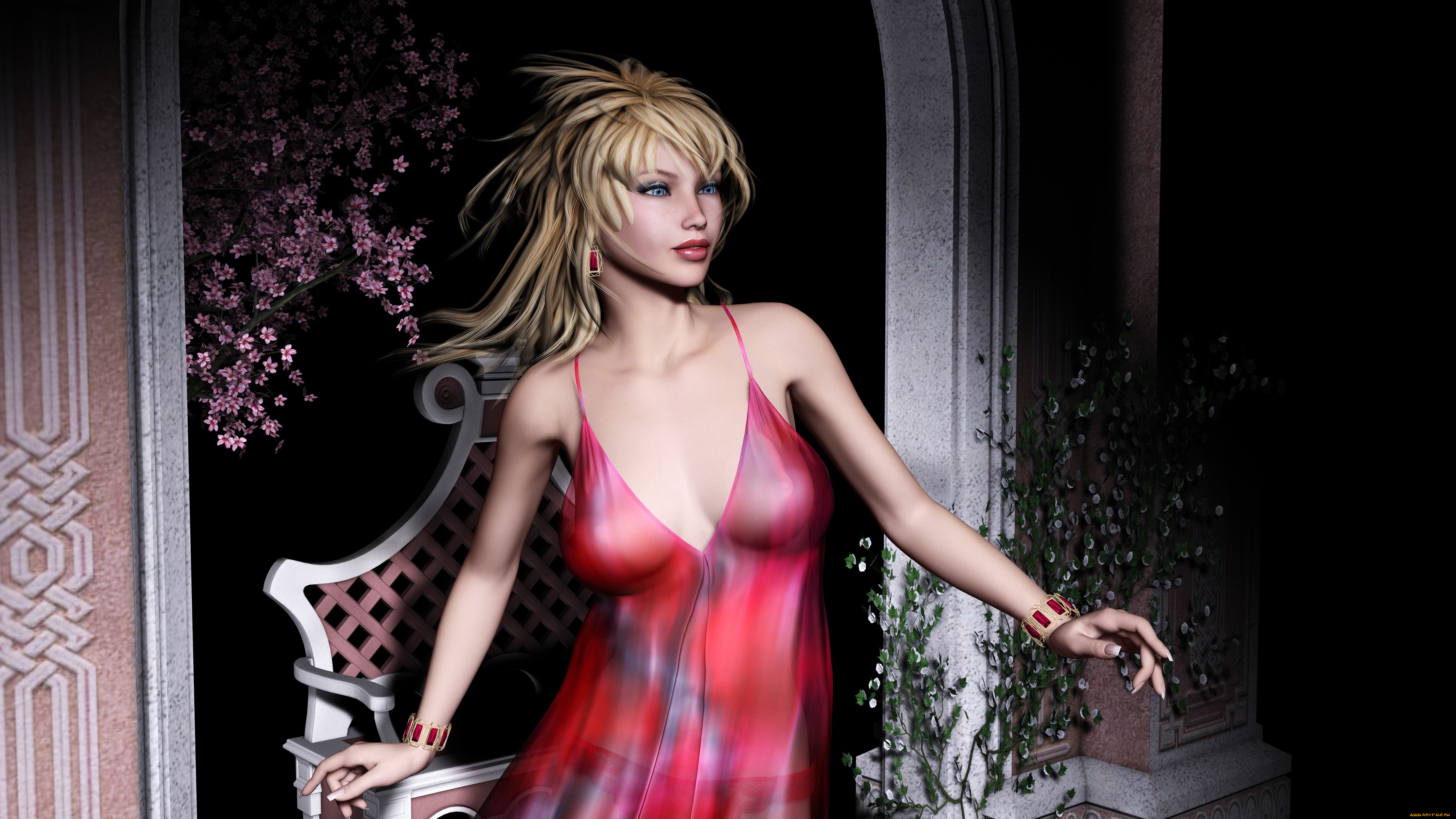 3д, графика, people, люди, ветка, цветы, кресло, взгляд