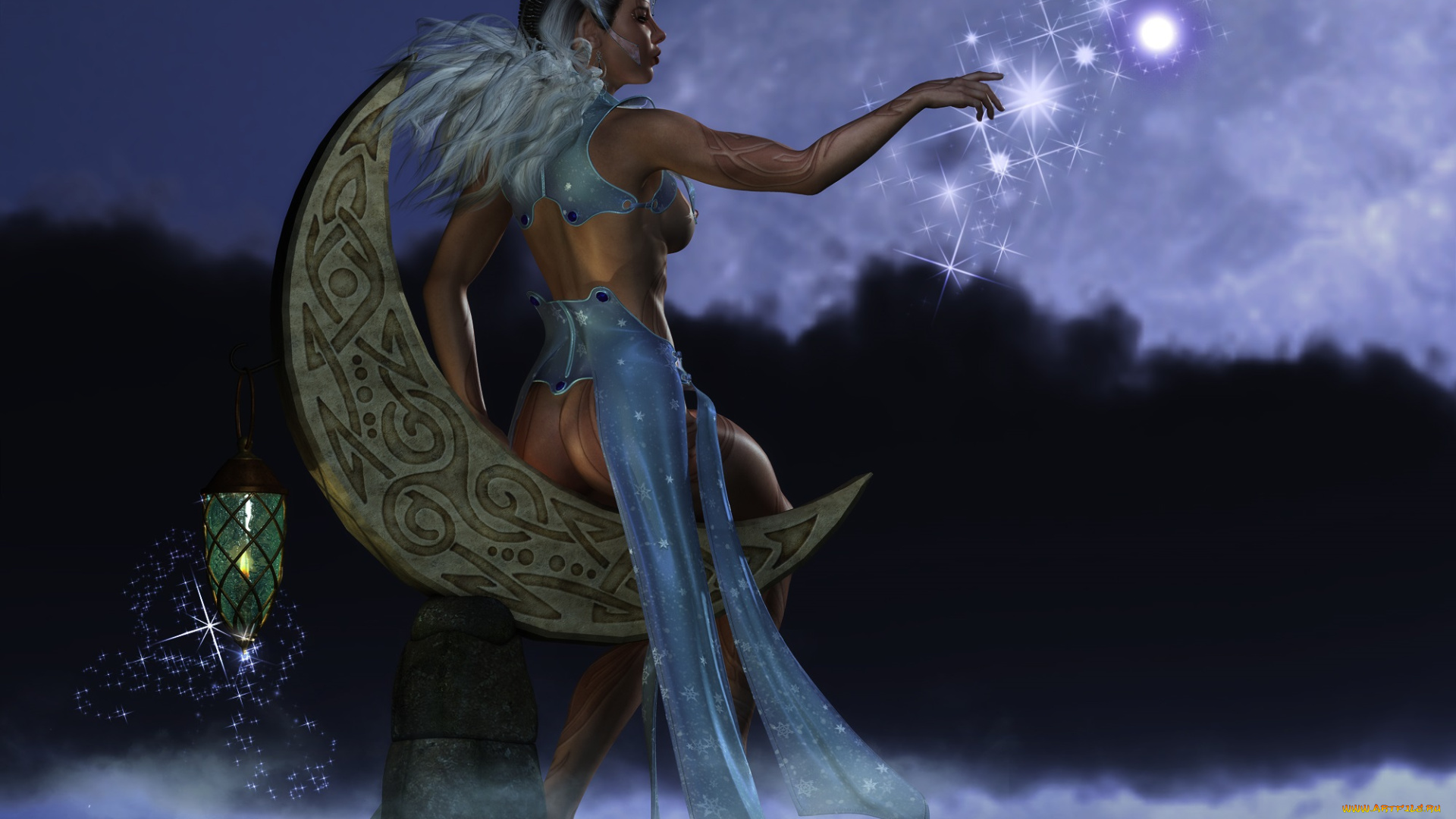 3д, графика, эльфы, , elves, фея, ночь, луна
