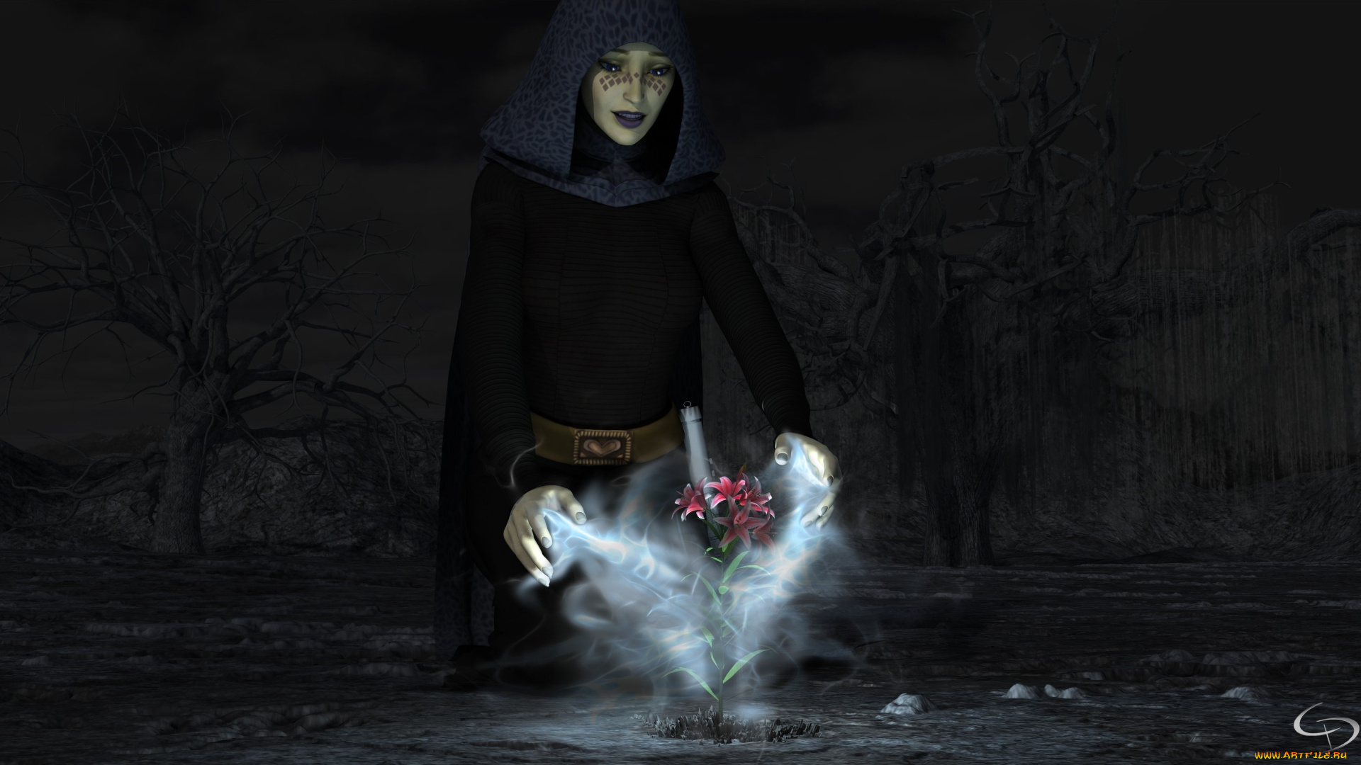 3д, графика, фантазия, , fantasy, накидка, девушка, взгляд, цветы, магия