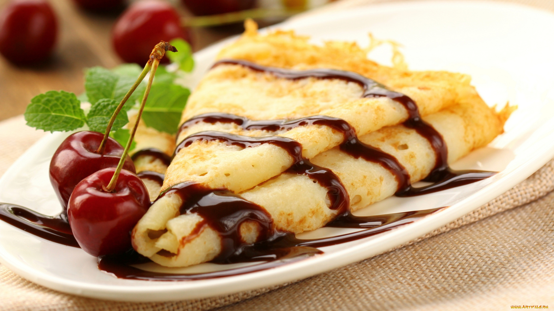 еда, блины, , оладьи, завтрак, шоколад, мята, вишня, блин