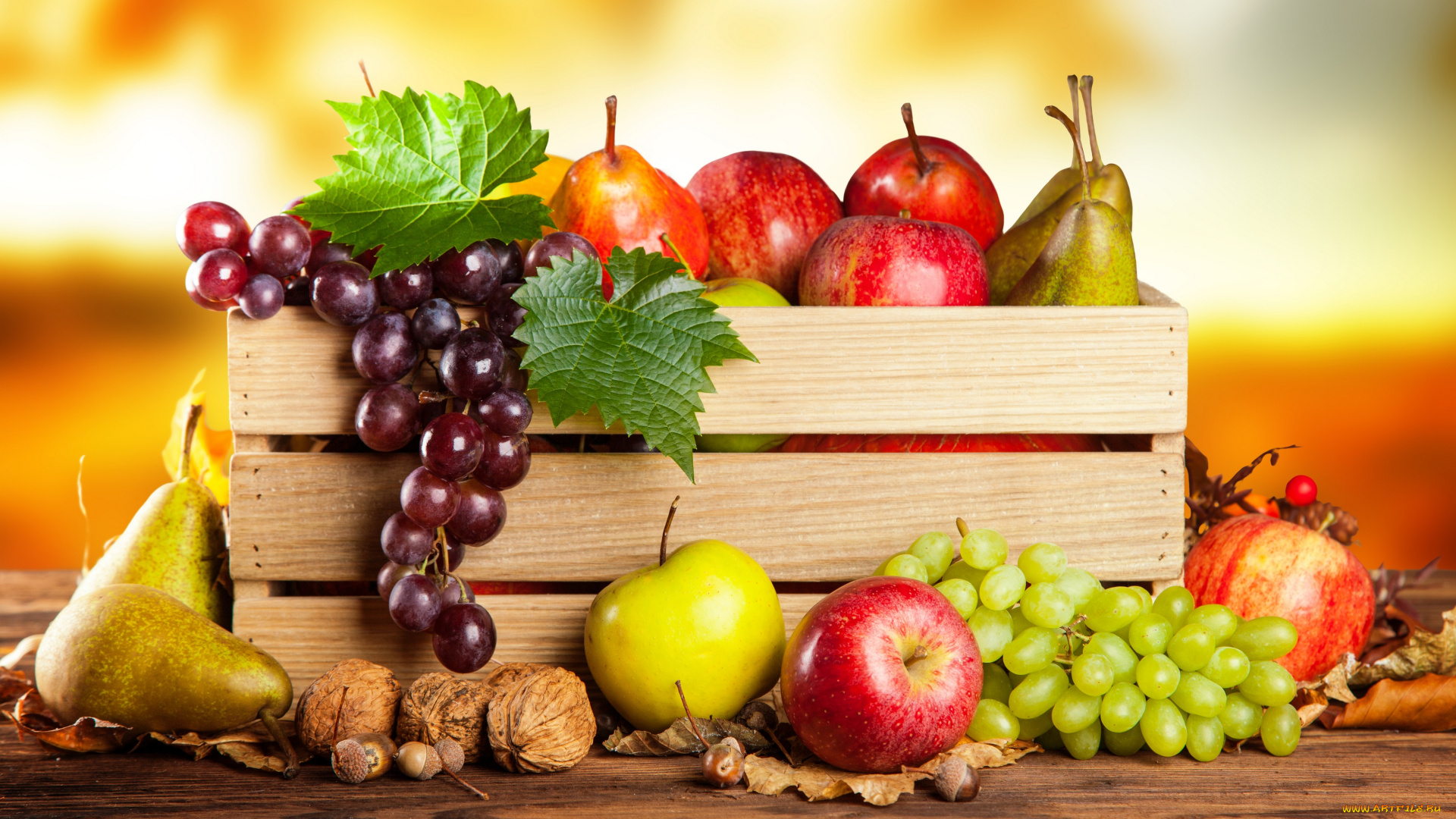 еда, фрукты, , ягоды, листья, орехи, яблоко, виноград, груша, ящик