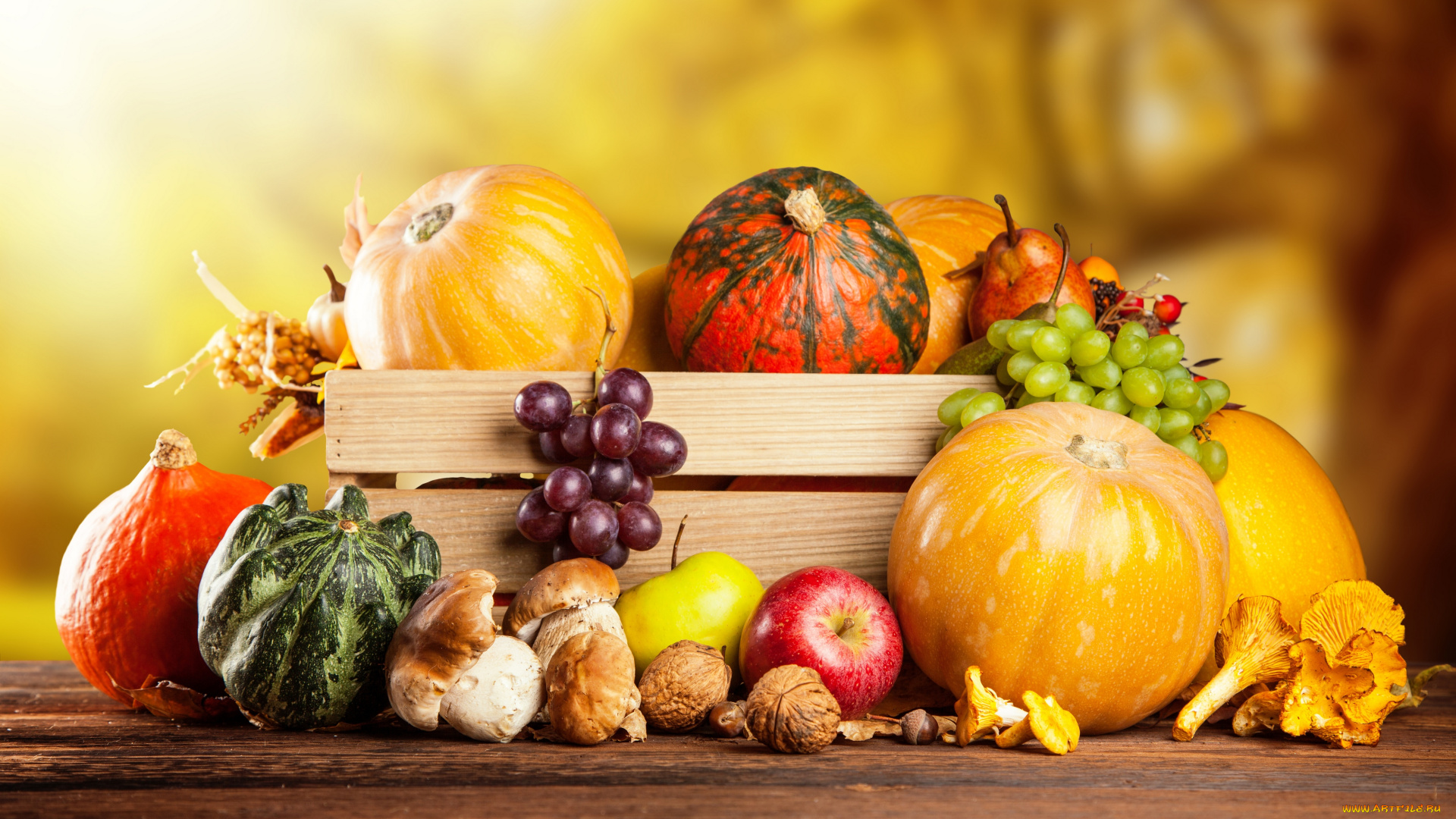 еда, фрукты, и, овощи, вместе, орехи, грибы, виноград, груша, тыква, ящик