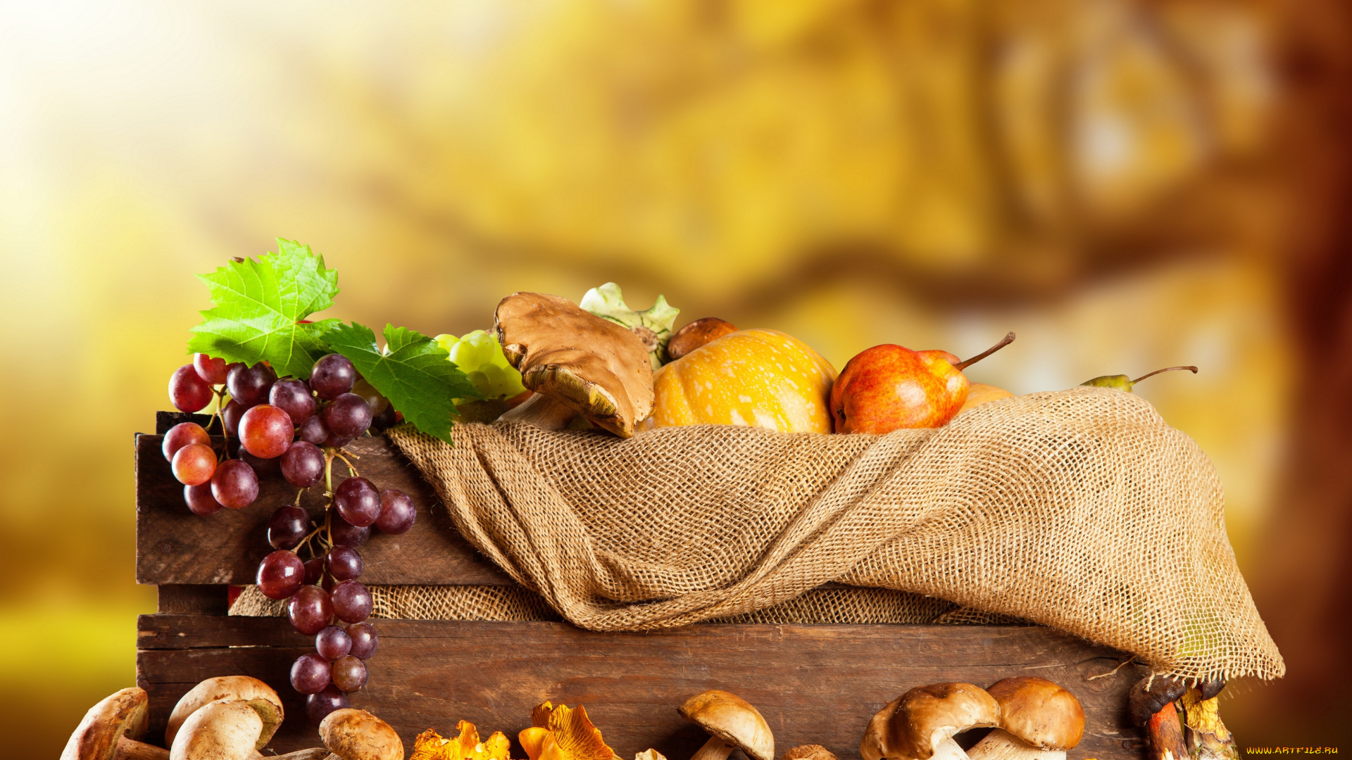 еда, фрукты, и, овощи, вместе, виноград, груша, ящик, тыква, листья, орехи, грибы