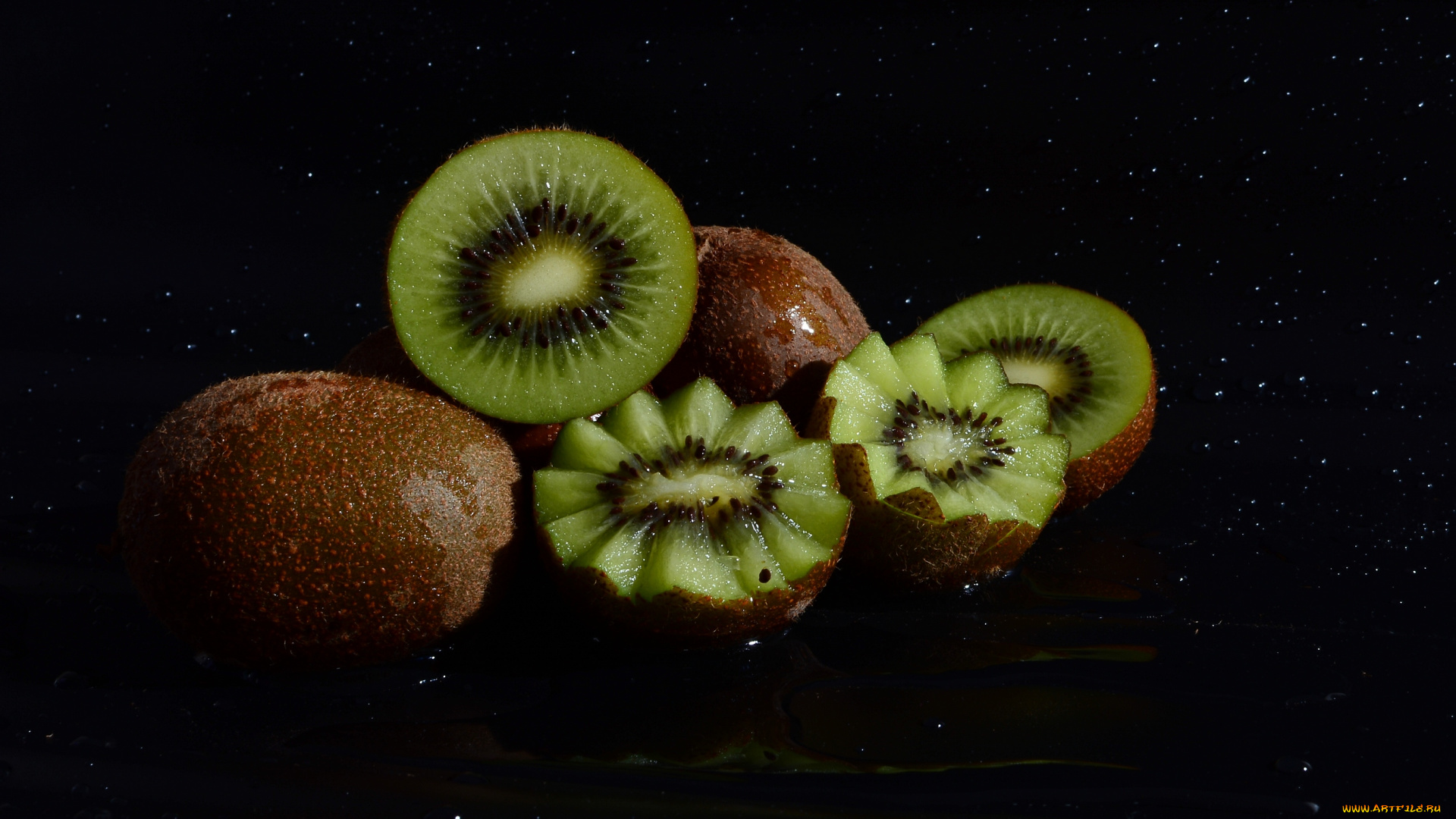еда, киви, темный, фон, капли, вода