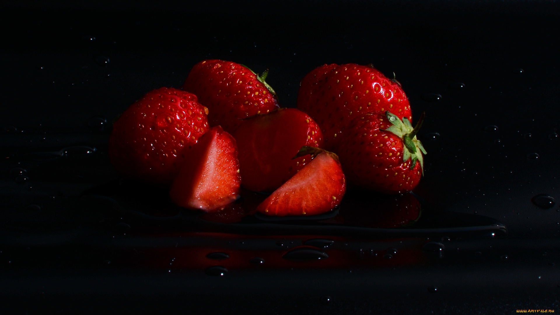 еда, клубника, , земляника, темный, фон, капли, вода