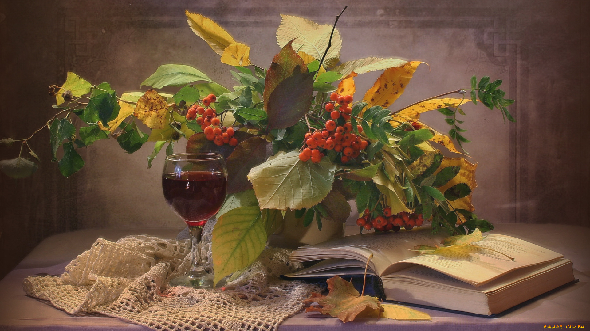 еда, натюрморт, осень, вино, бокал, рябина